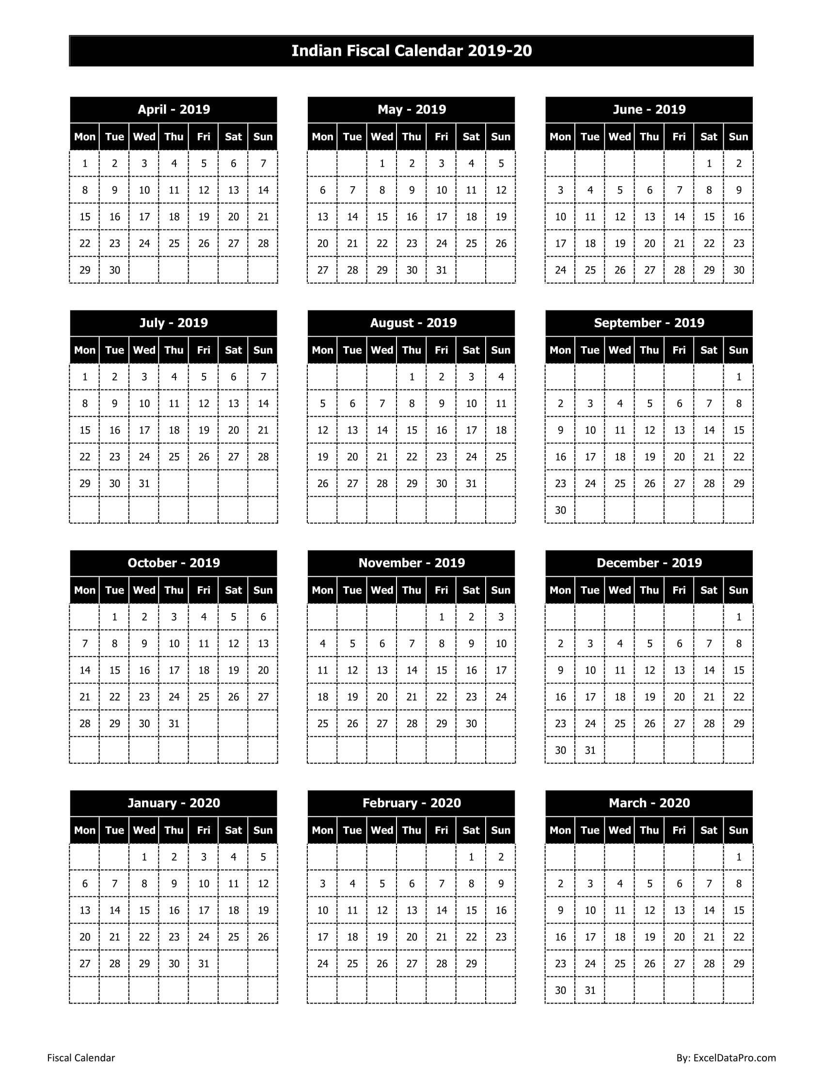 Download Indian Fiscal Calendar 2019-20 Excel Template