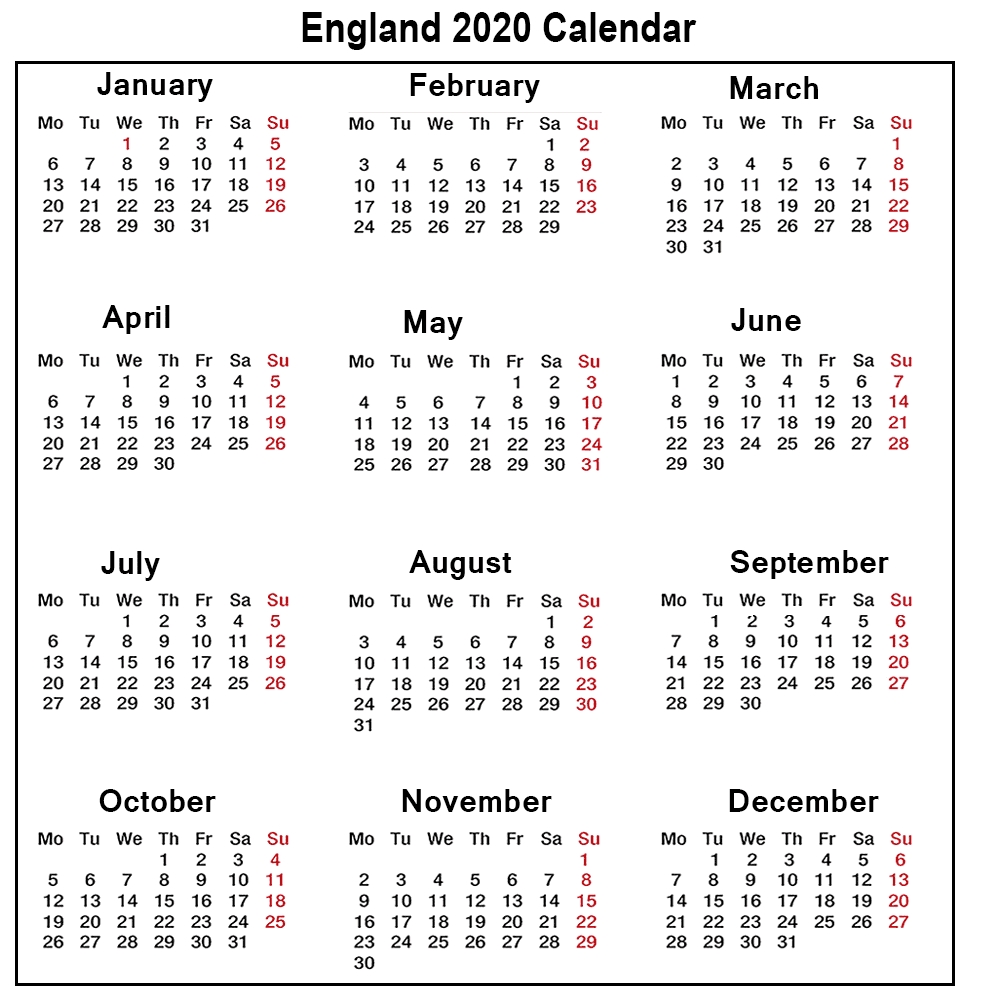 ❤️printable Calendar 2020 Templates With England Public