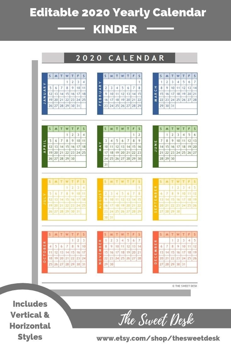 Editable 2020 Excel Yearly Calendar Template | Printable