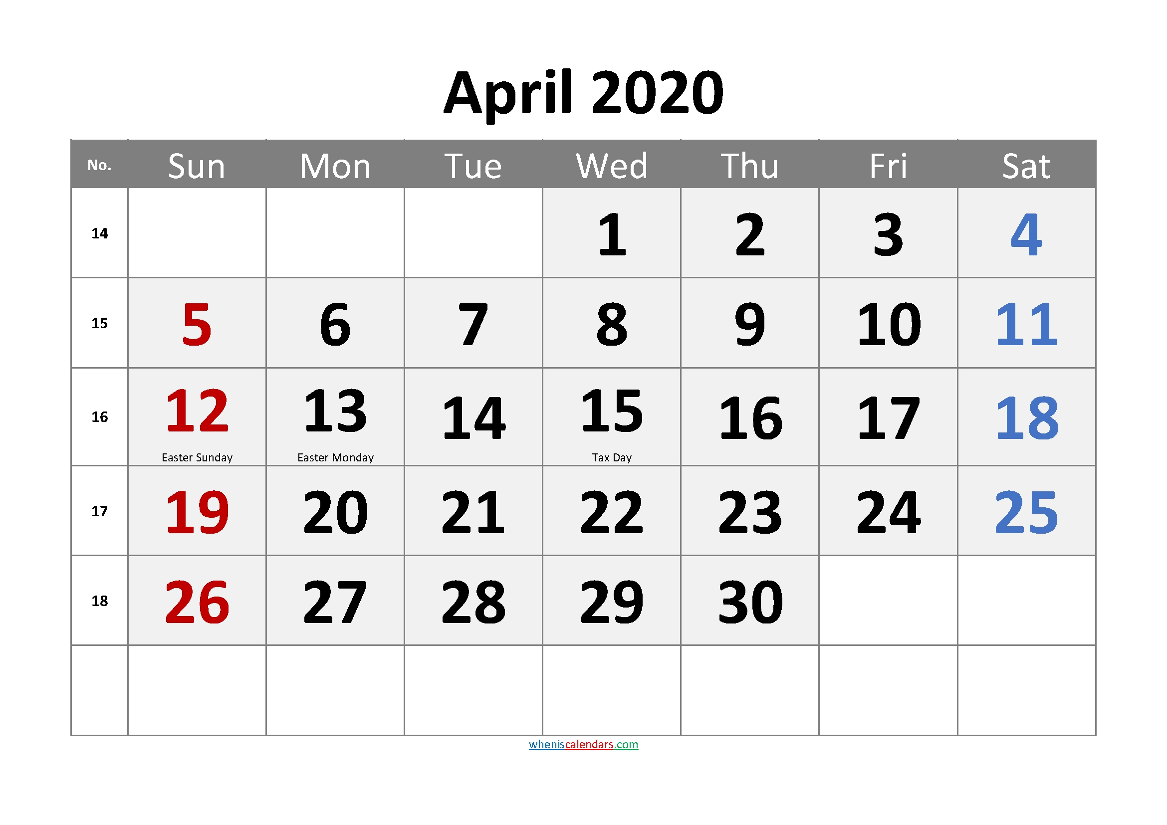 Editable April 2020 Calendar Word-Template No.cr20M64 – Free