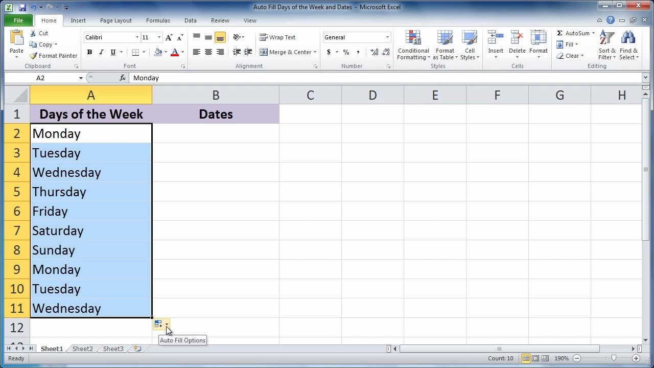 Excel 2010 - Auto Fill Days Of The Week And Dates