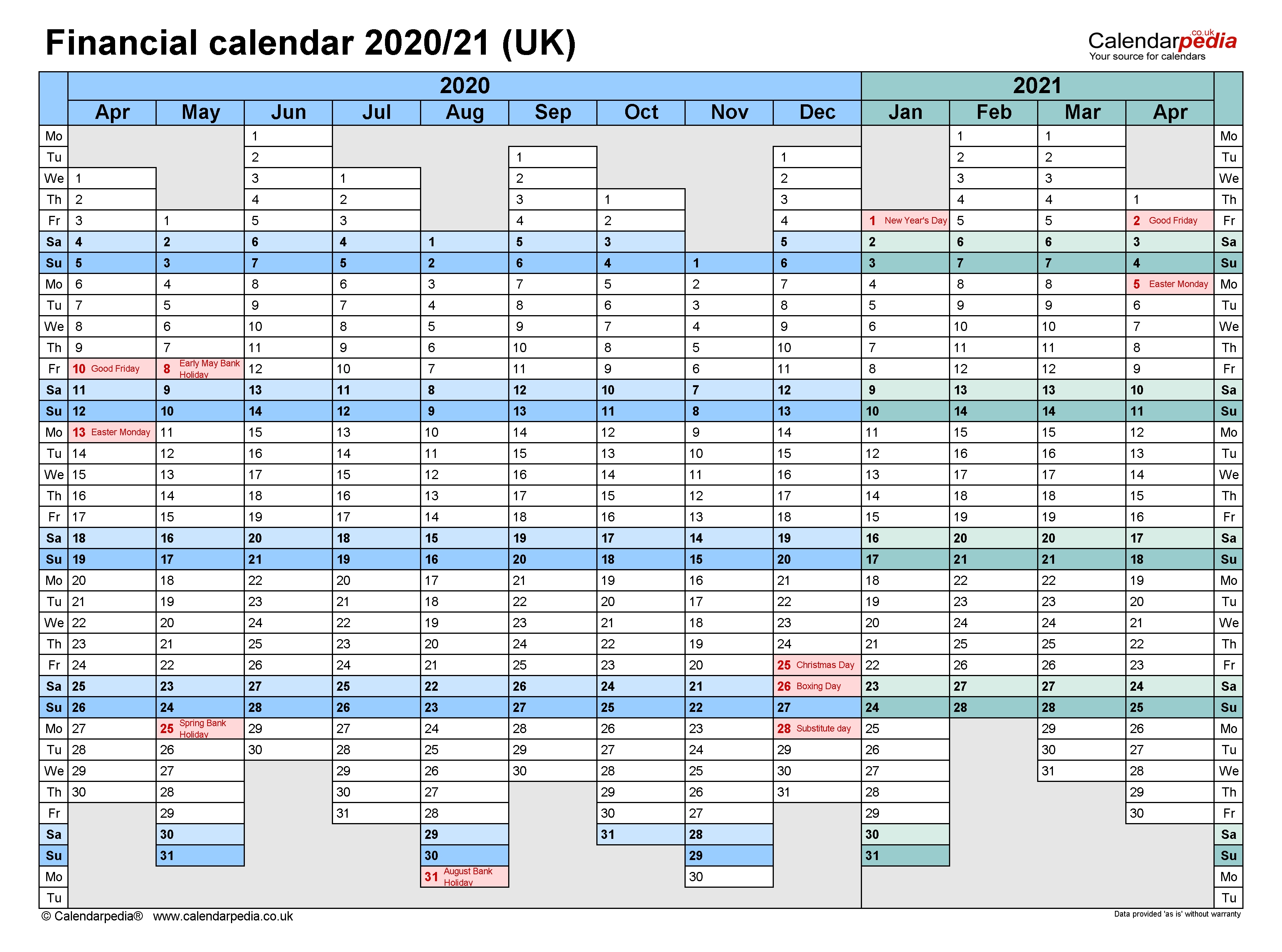 Financial Calendars 2020/21 (Uk) In Microsoft Excel Format