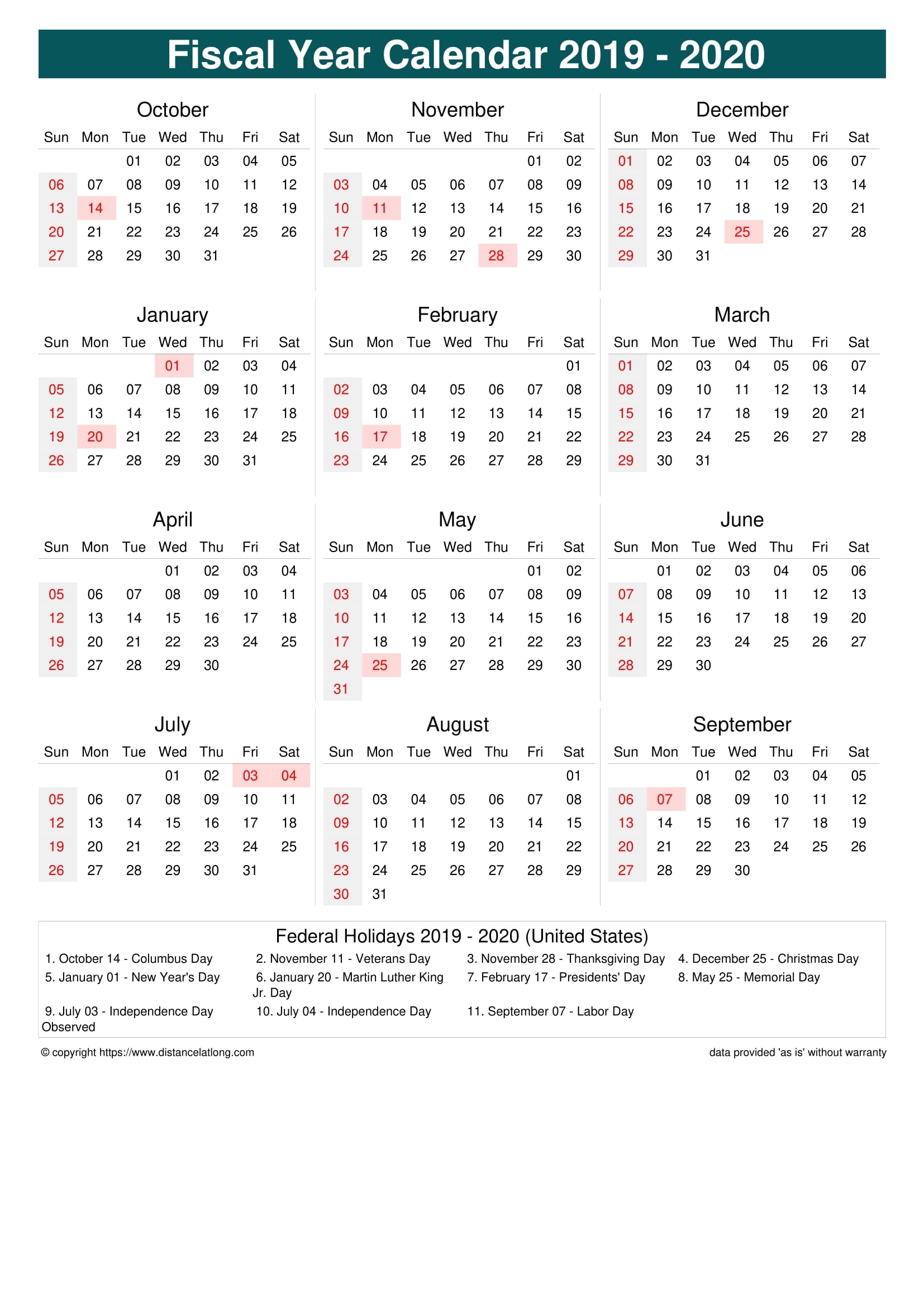 Fiscal Year 2019-2020 Calendar Templates, Free Printable