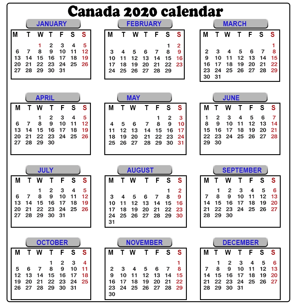 Free 2020 Canada Calendar (With Images) | Canada Calendar