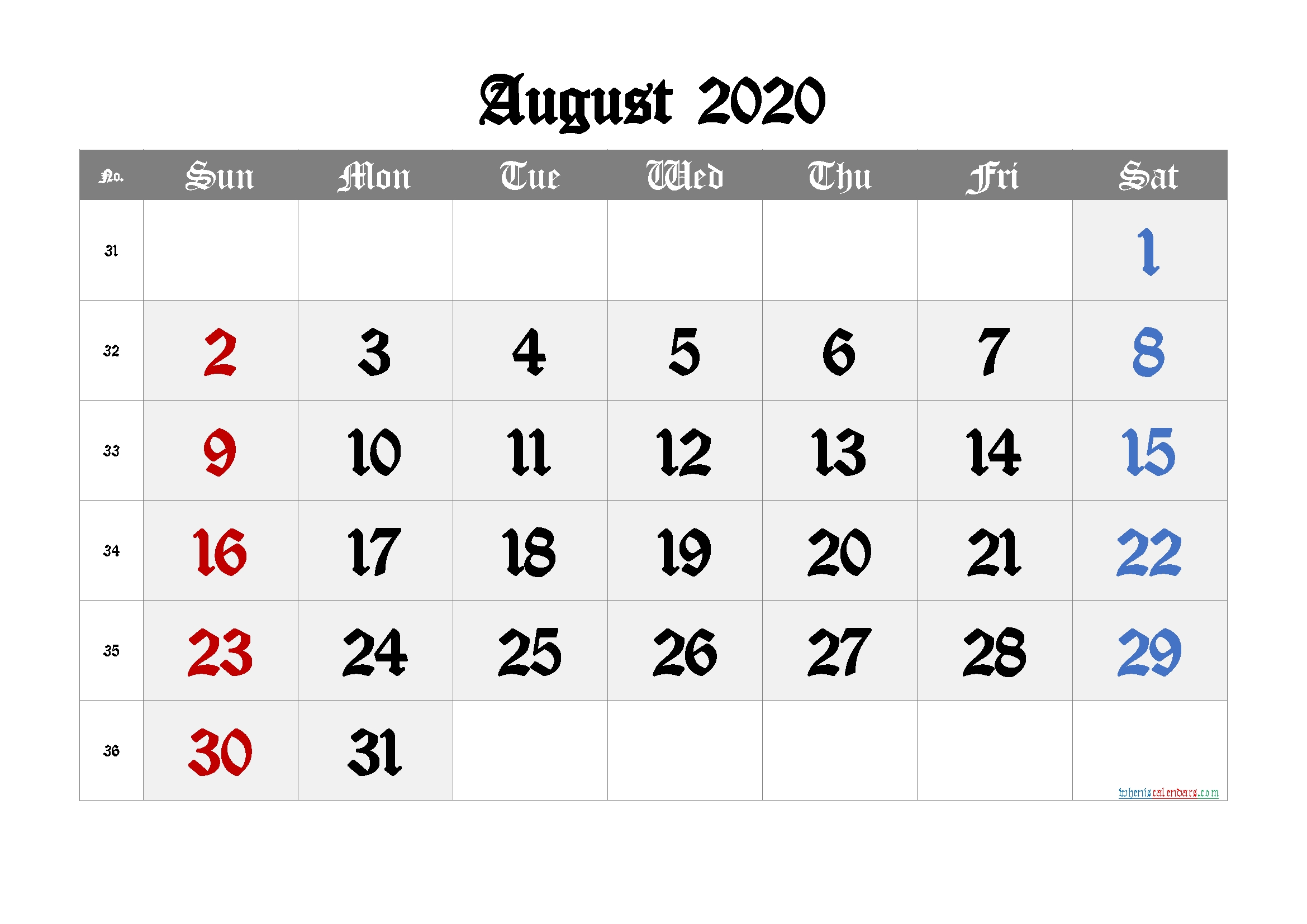 Free August 2020 Calendar With Week Numbers – Free Printable