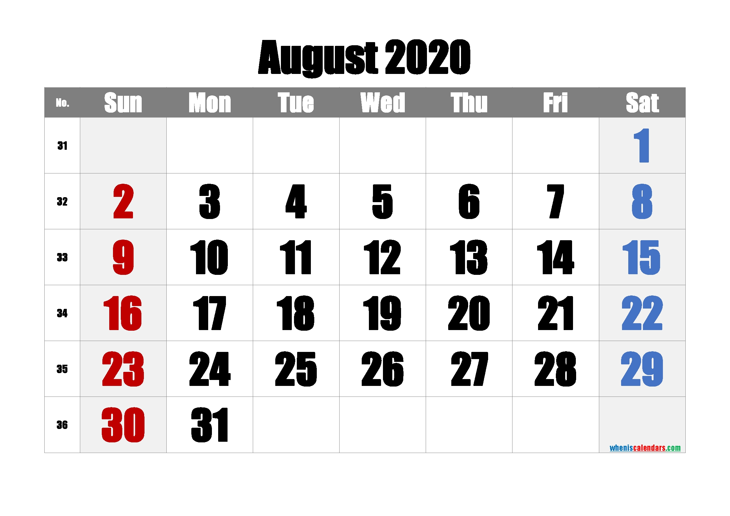 Free August 2020 Calendar With Week Numbers | Free Printable