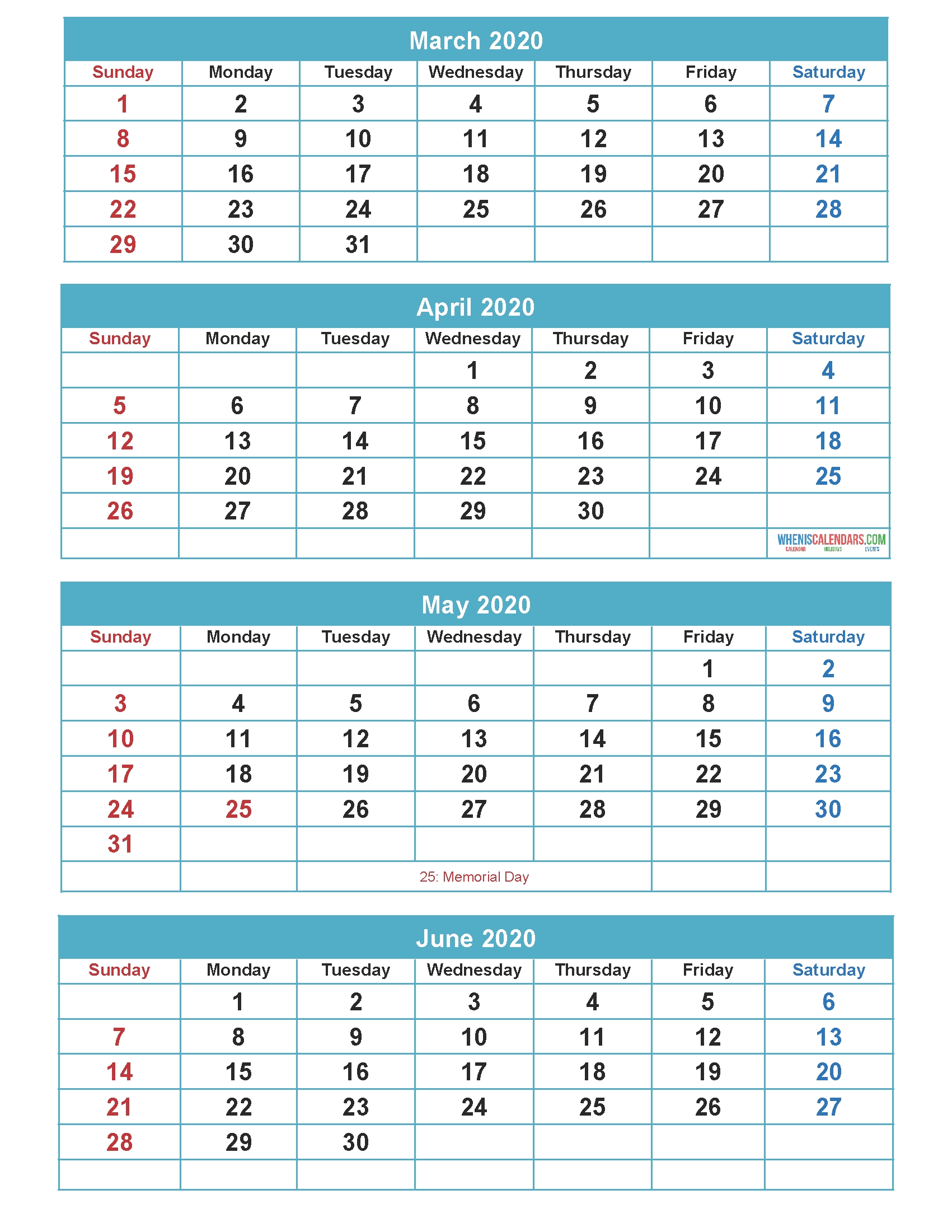 Free Calendar 2020 March April May June 4 Months Calendar