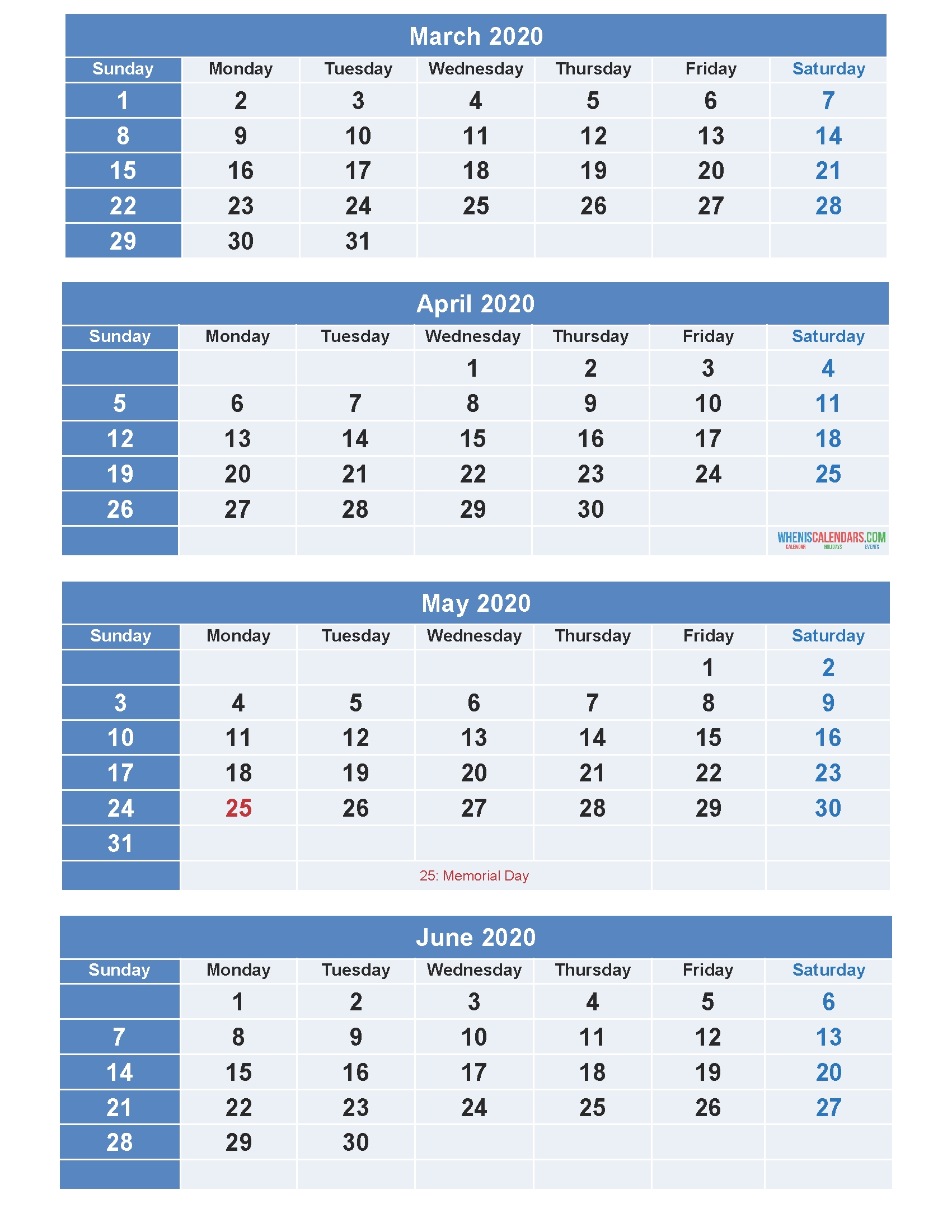 Free Calendar 2020 March April May June 4 Months Calendar