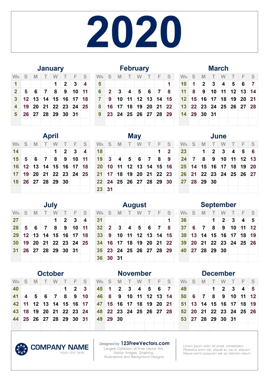 Free Download 2020 Calendar With Week Numbers (With Images