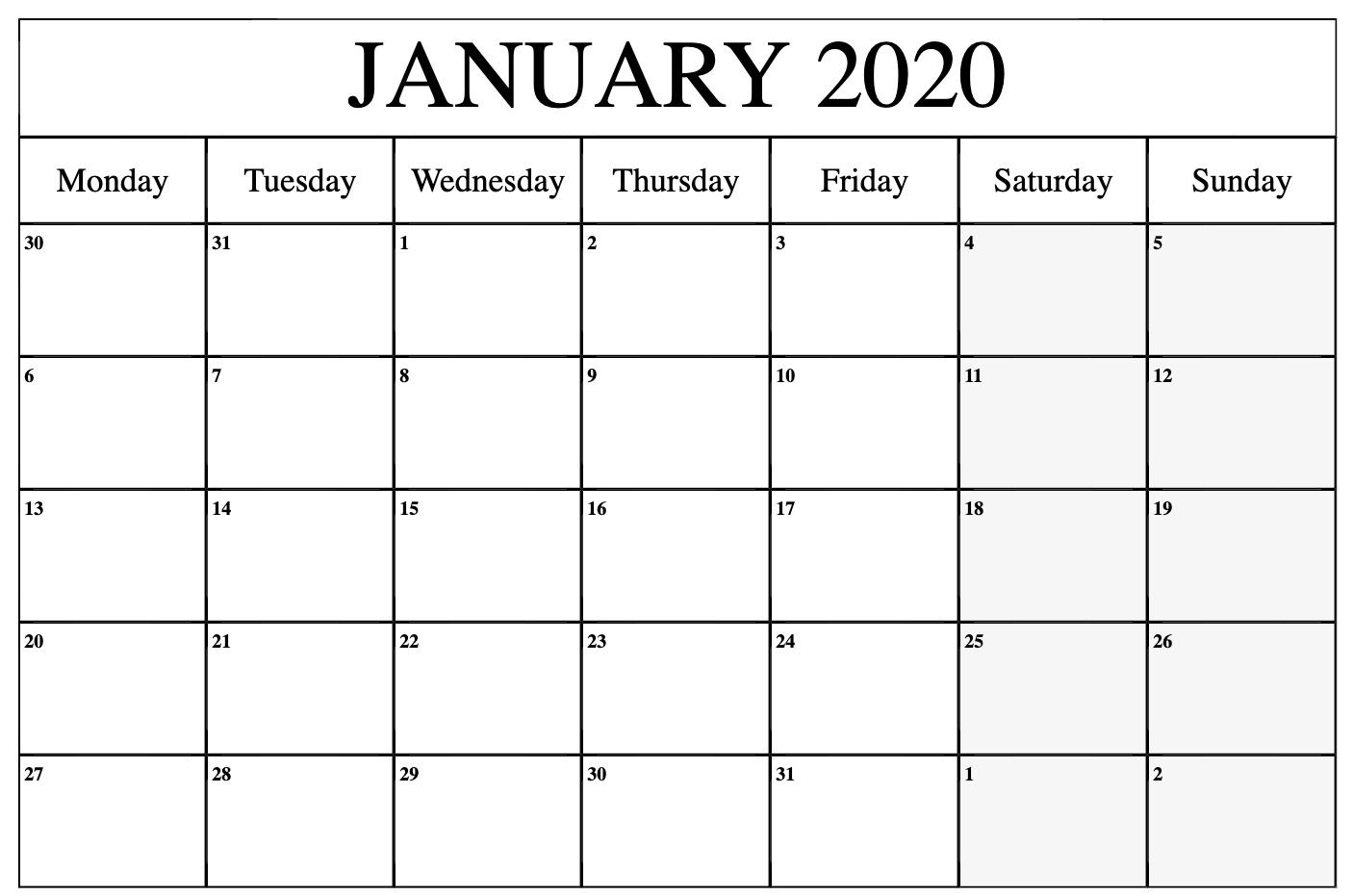 Free January 2020 Calendar Printable Template Pdf, Word