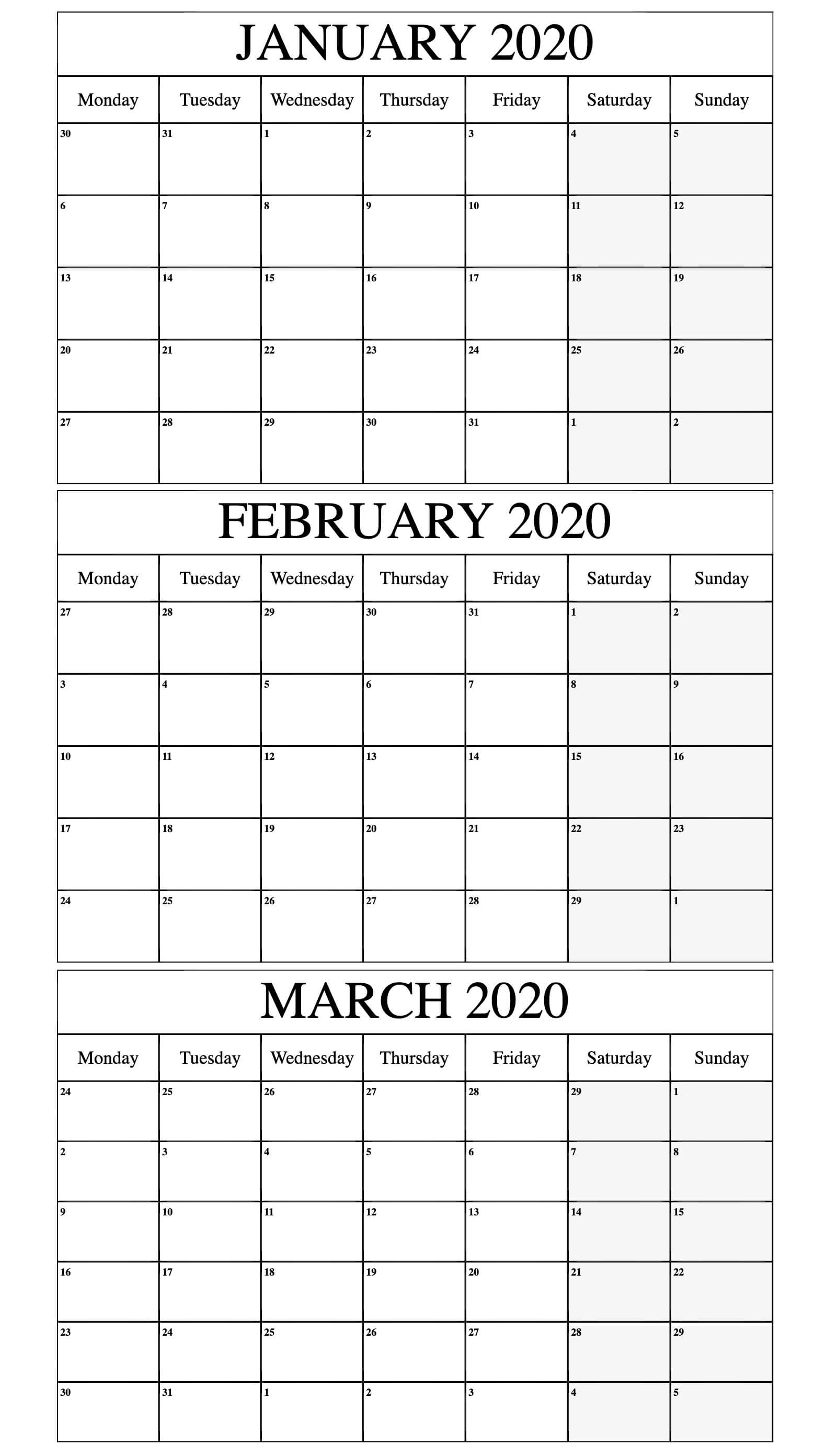 Free January To March 2020 Calendar Template - 2019