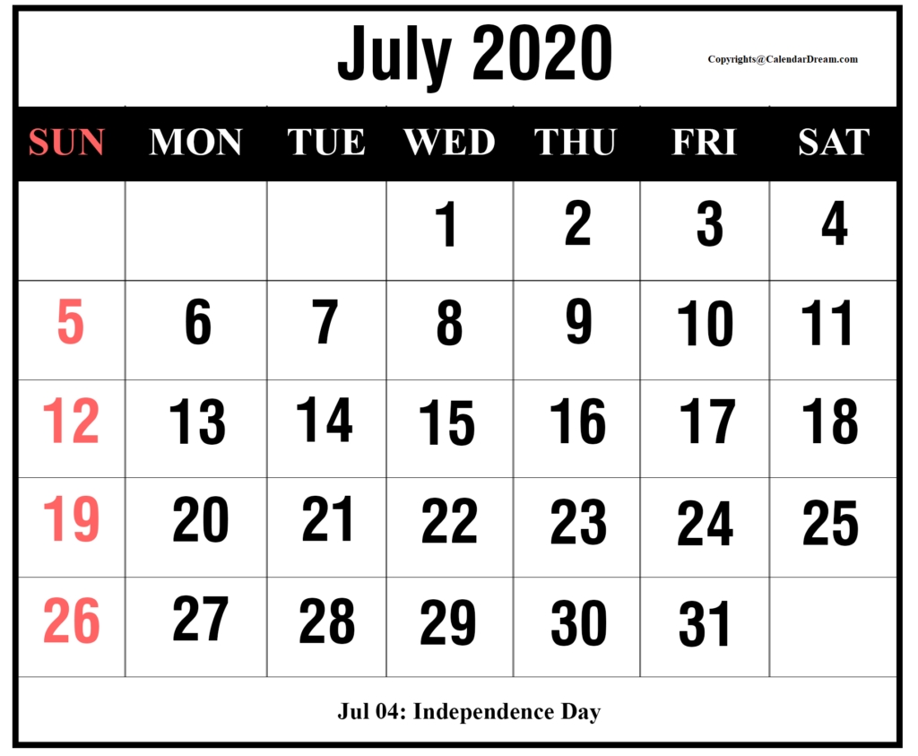 Free July 2020 Printable Calendar Template [Pdf] | Calendar