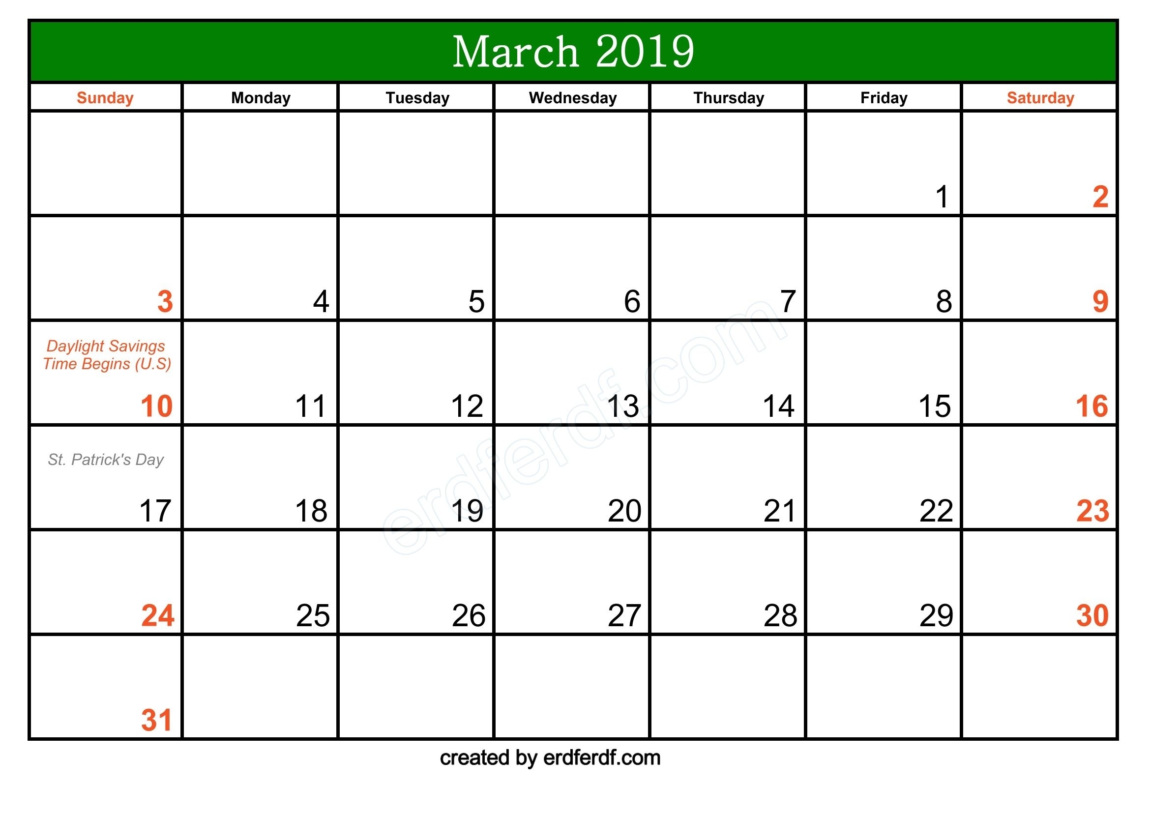 Free March 2019 Printable Calendar With Holidays | Calendar