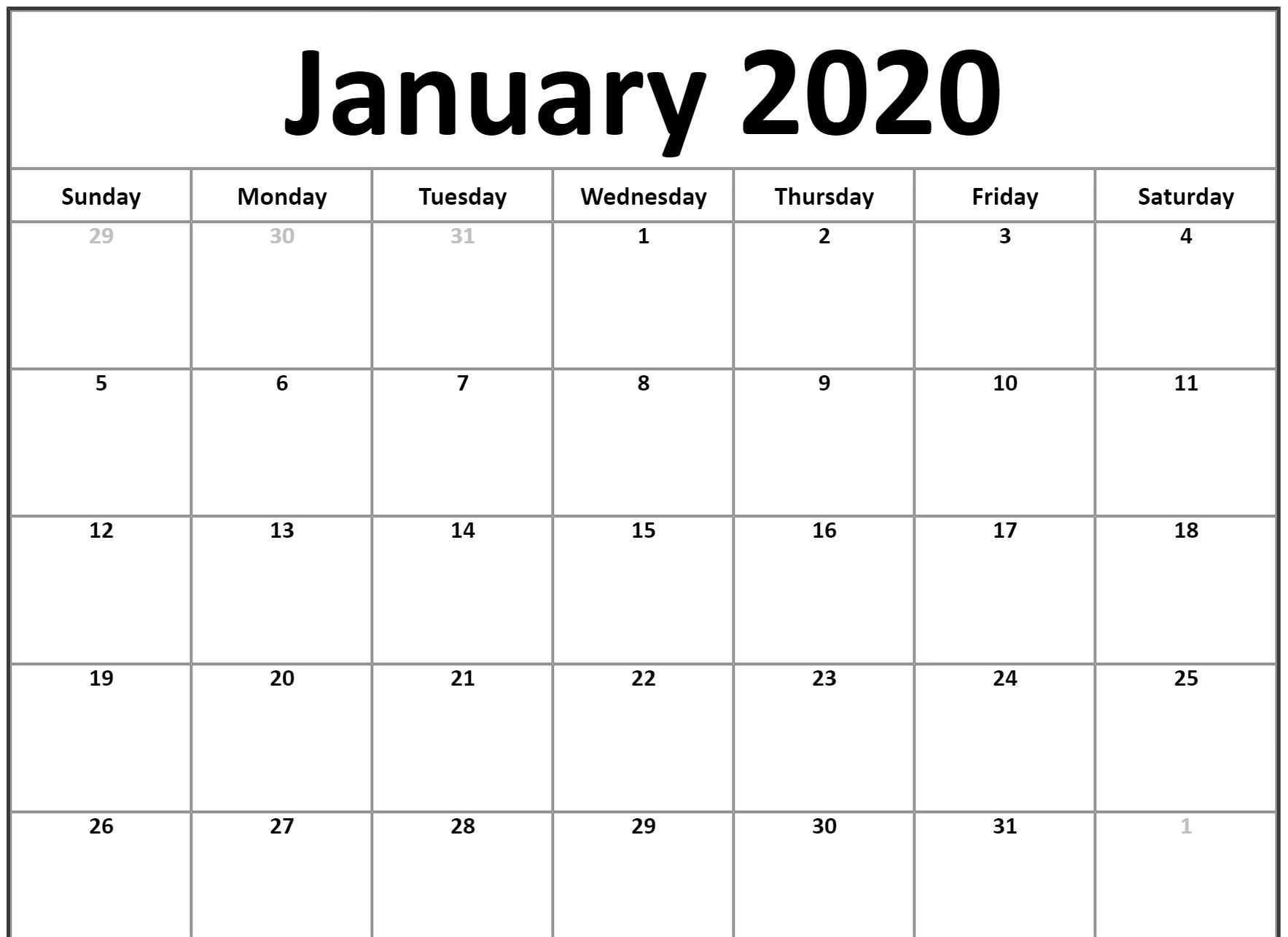 Free Monthly January 2020 Calendar Word Excel Landscape