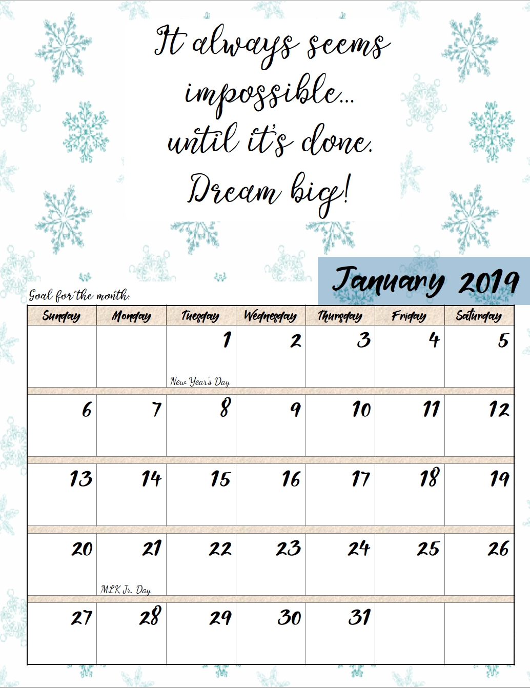 Free Printable 2019 Monthly Motivational Calendars (With
