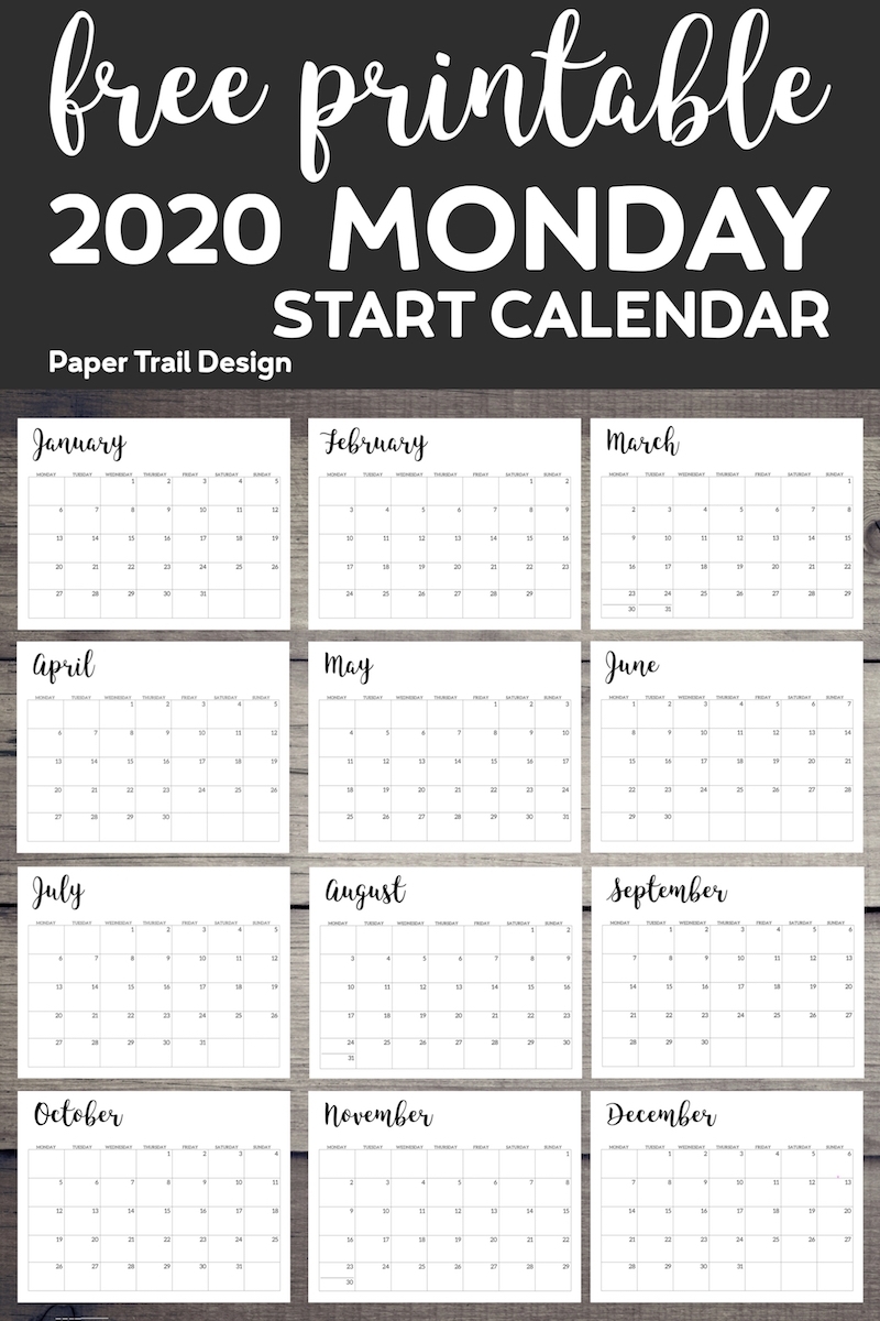 Free Printable 2020 Calendar - Monday Start - Paper Trail Design