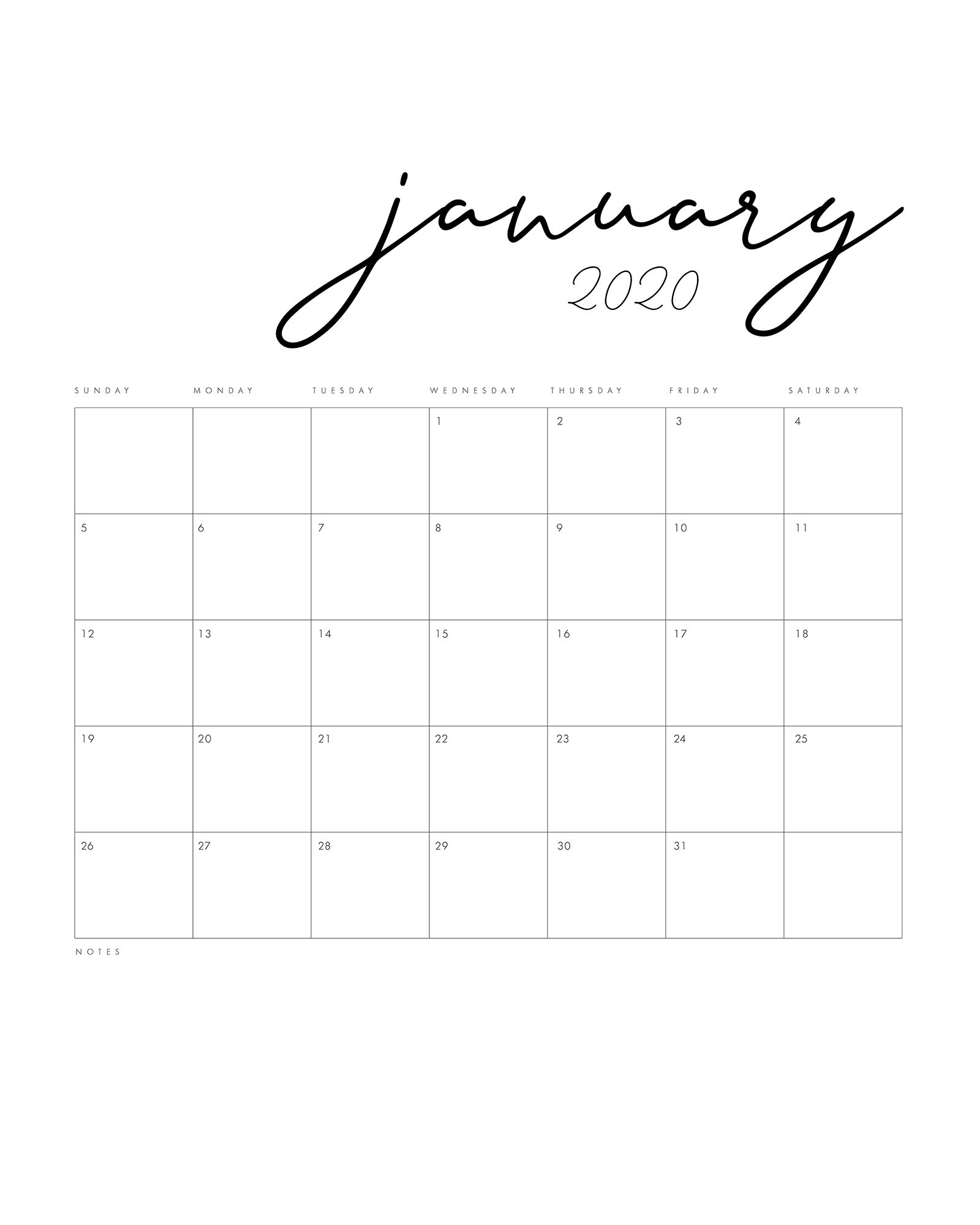 Free Printable 2020 Minimal Calendar - The Cottage Market