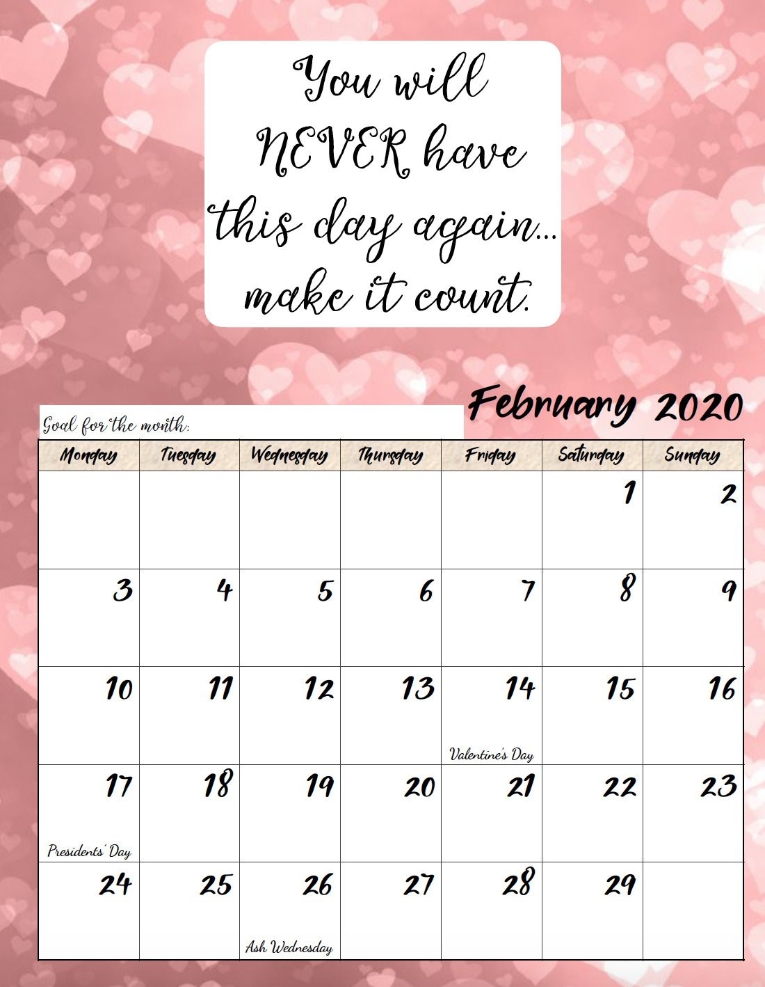 Free Printable 2020 Monday Start Monthly Motivational