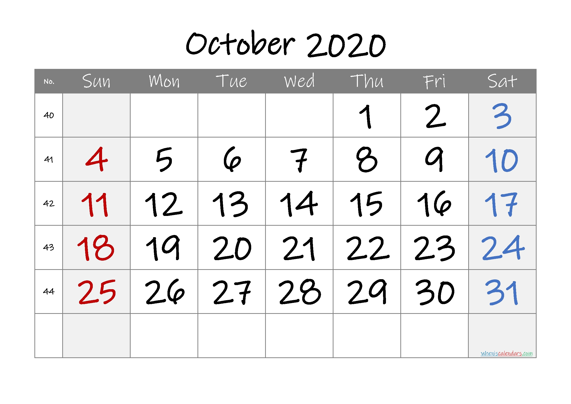 Free Printable 2020 October Calendar – Free Printable 2020