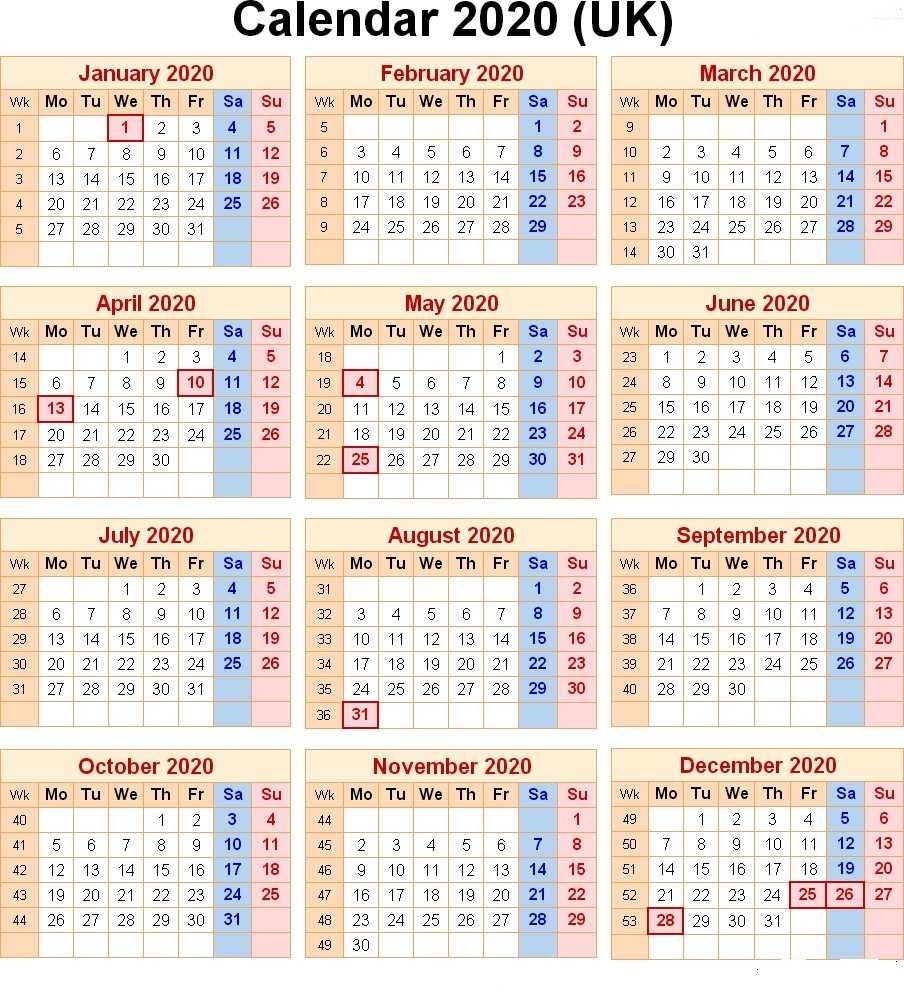 Free Printable 2020 Uk Calendar With Public Holidays