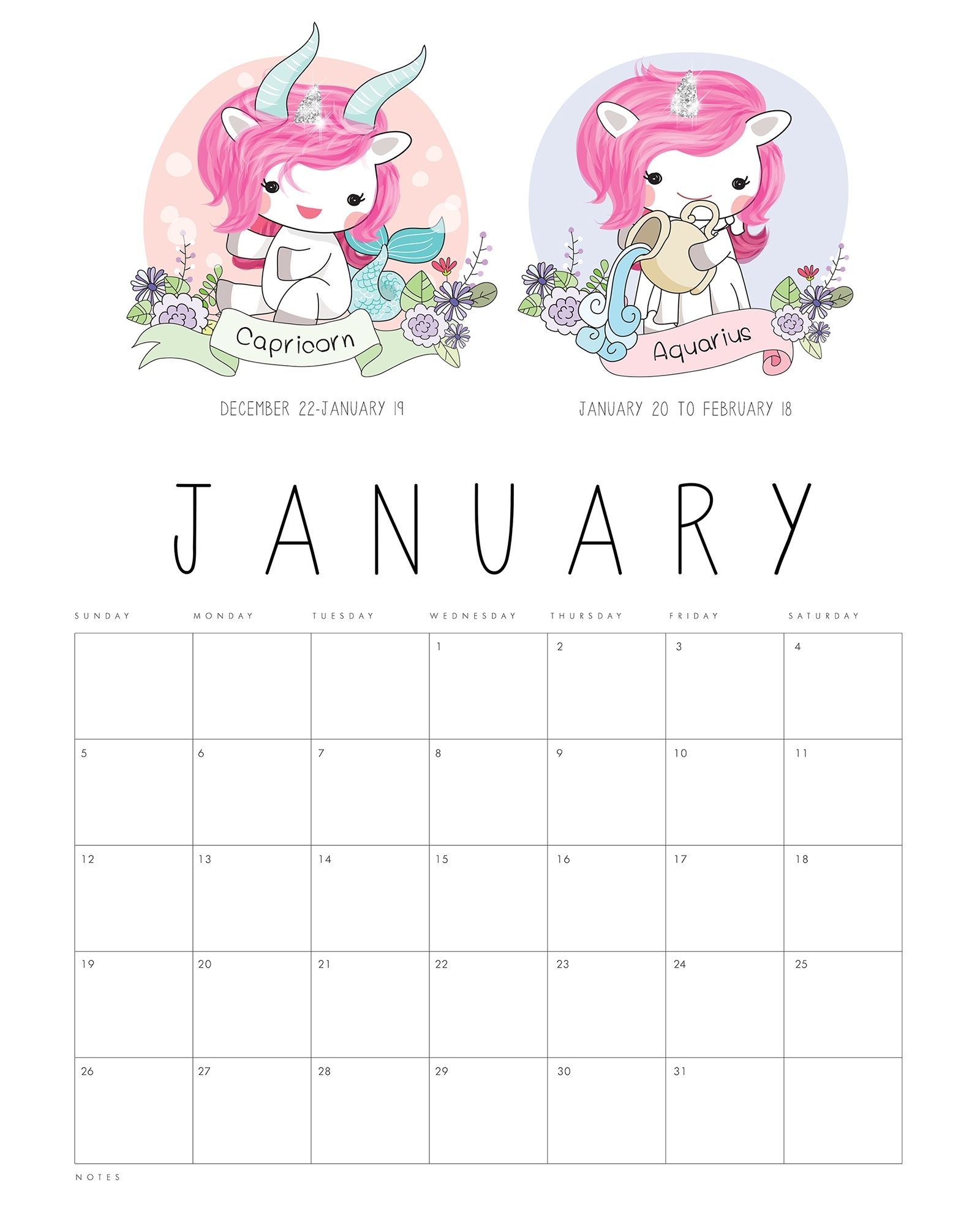 Free Printable 2020 Zodiac Sign Kawaii Unicorn Calendar
