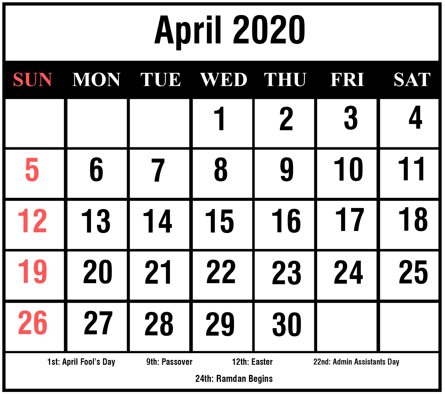 Free Printable April 2020 Calendar Template Cute And Floral