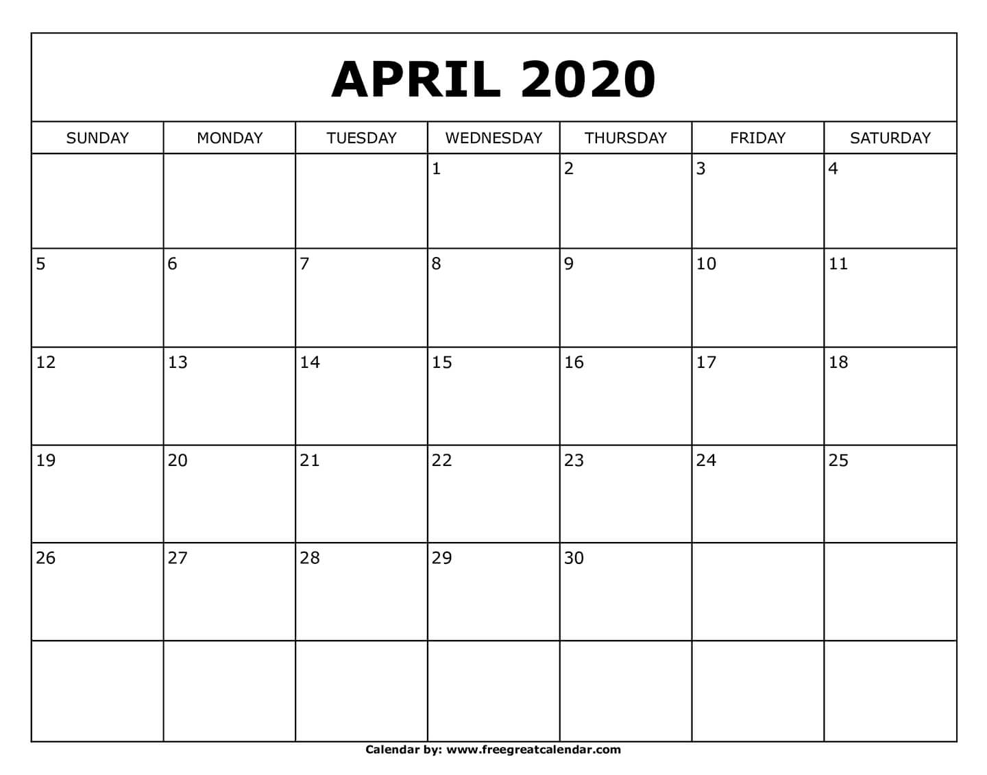 Free Printable April 2020 Calendar