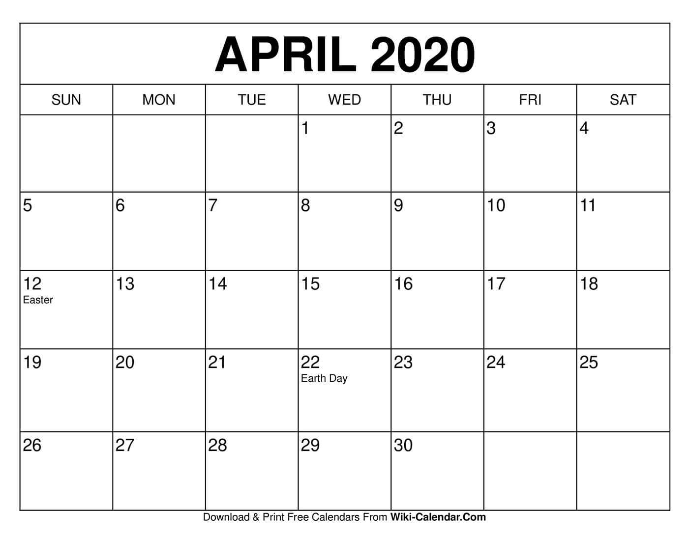 Free Printable April 2020 Calendars