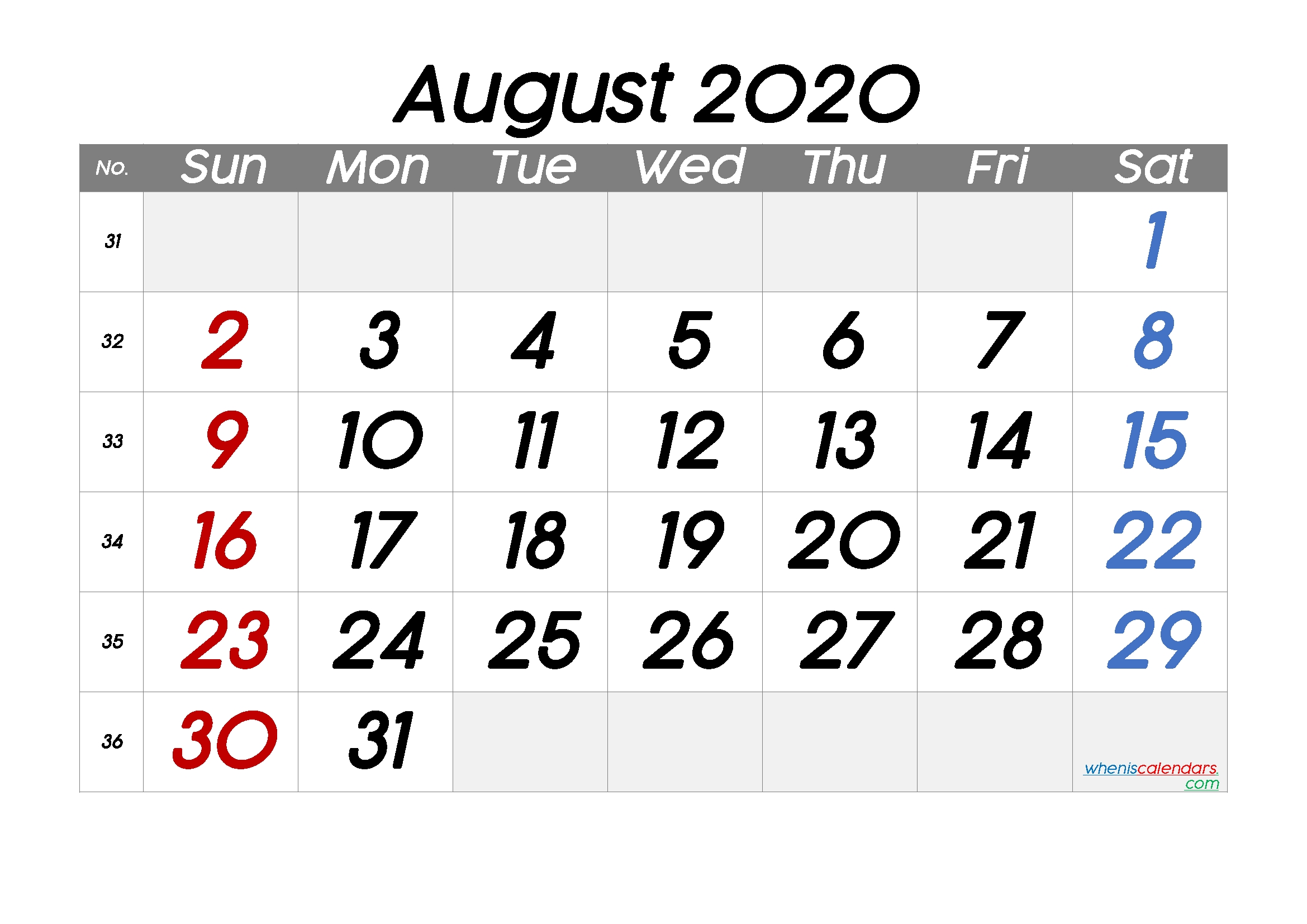 Free Printable August 2020 Calendar With Week Numbers | Free