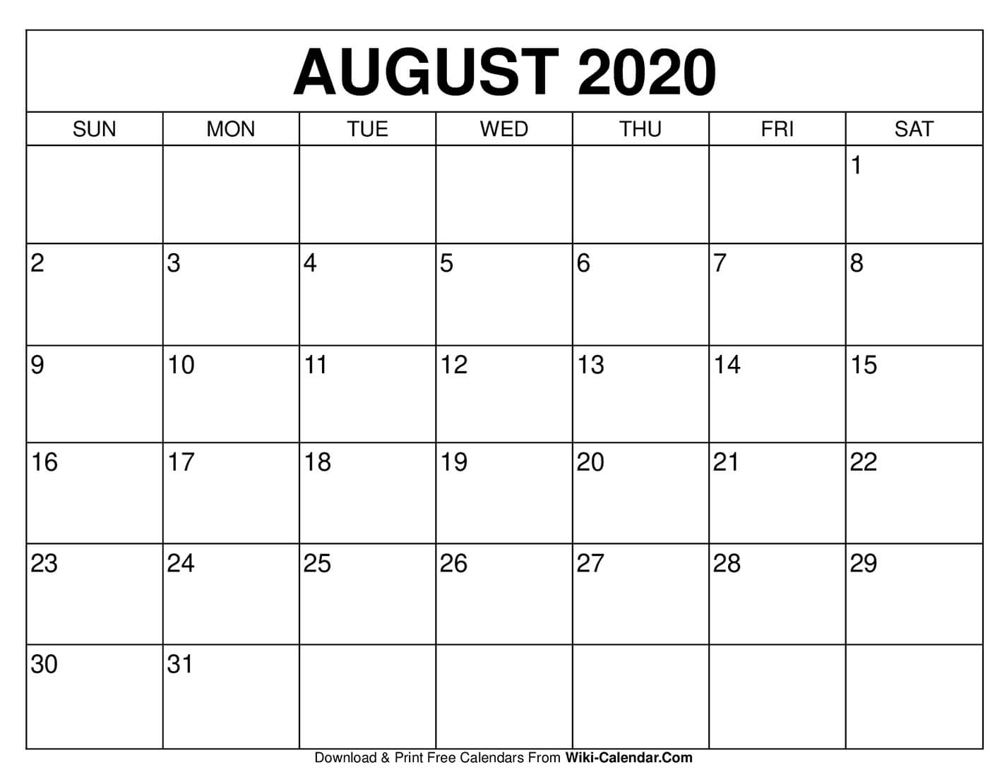 Free Printable August 2020 Calendars