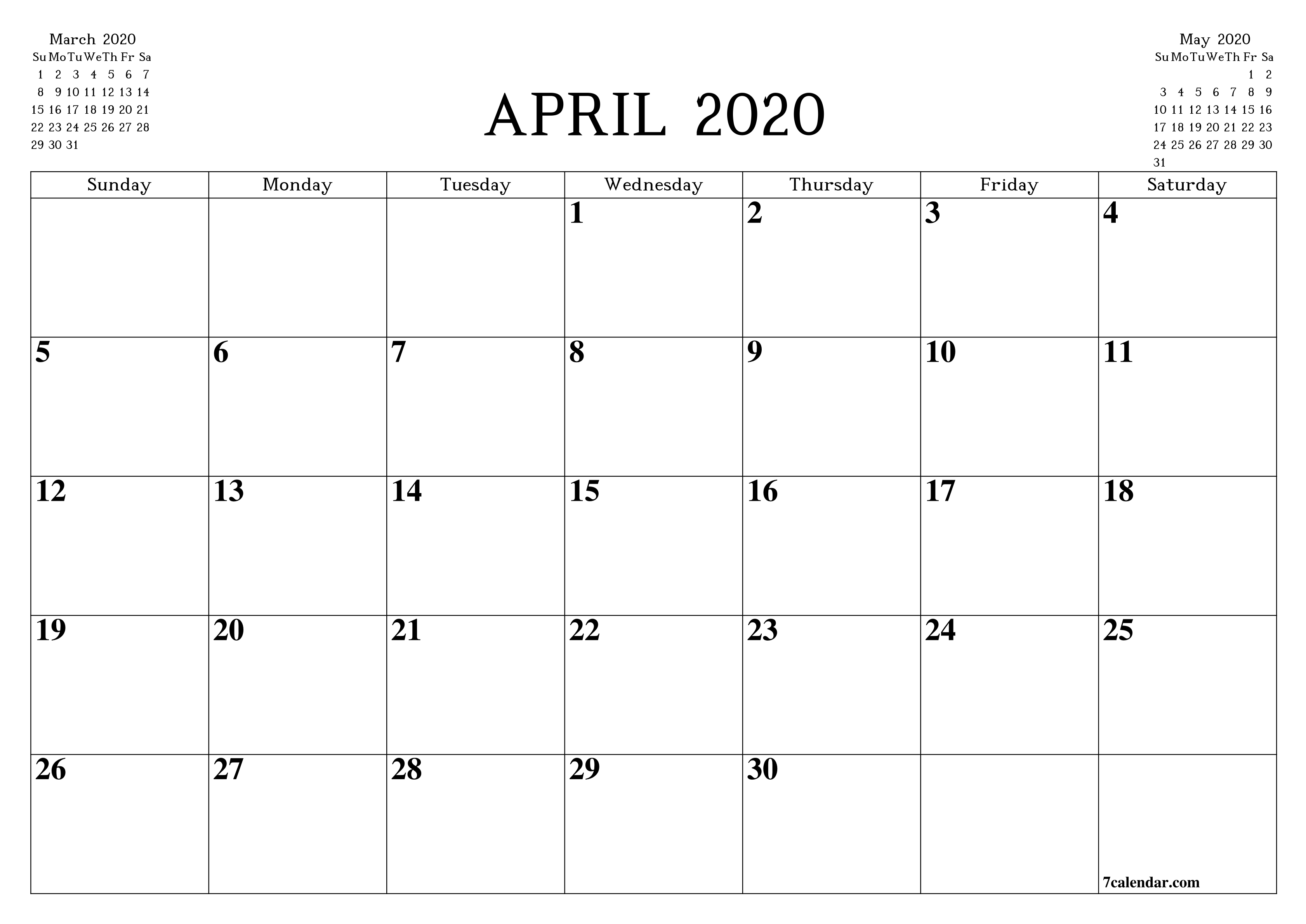 Free Printable Blank Monthly Calendar And Planner For April