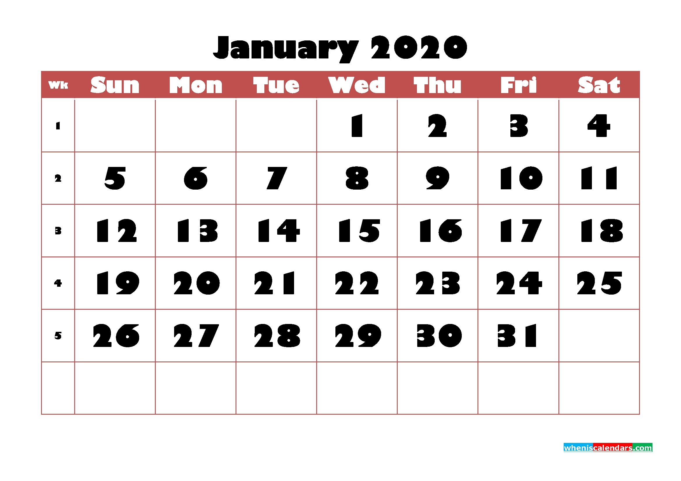 Free Printable Calendar January 2020 Pdf, Word – No.m20B721