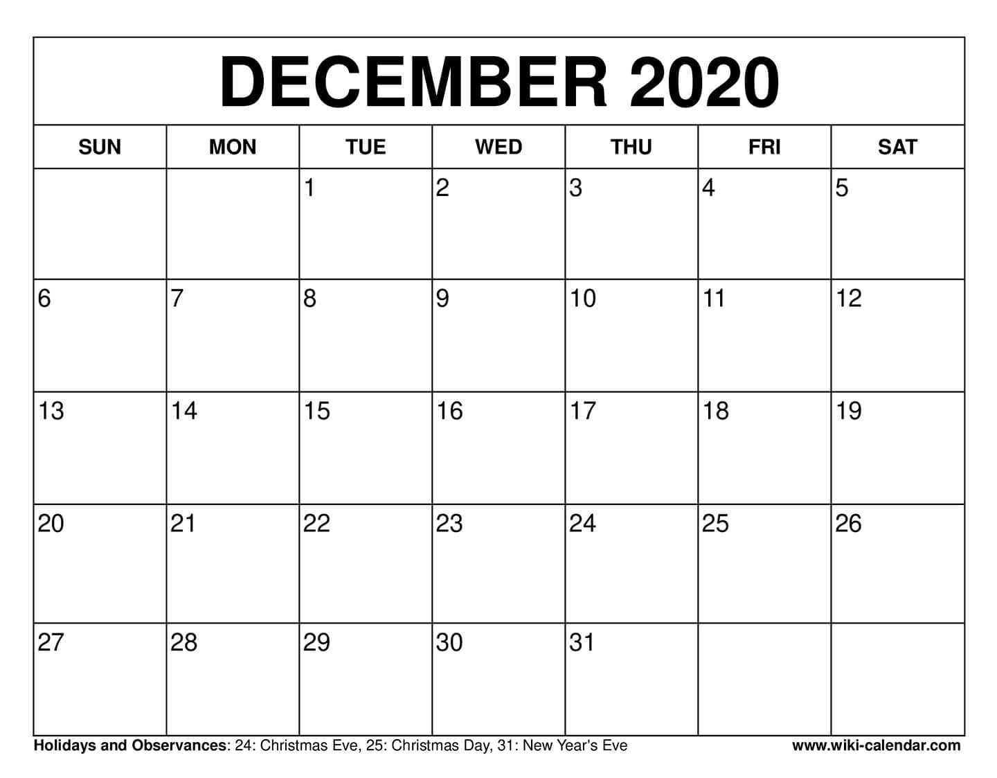 Free Printable December 2020 Calendars