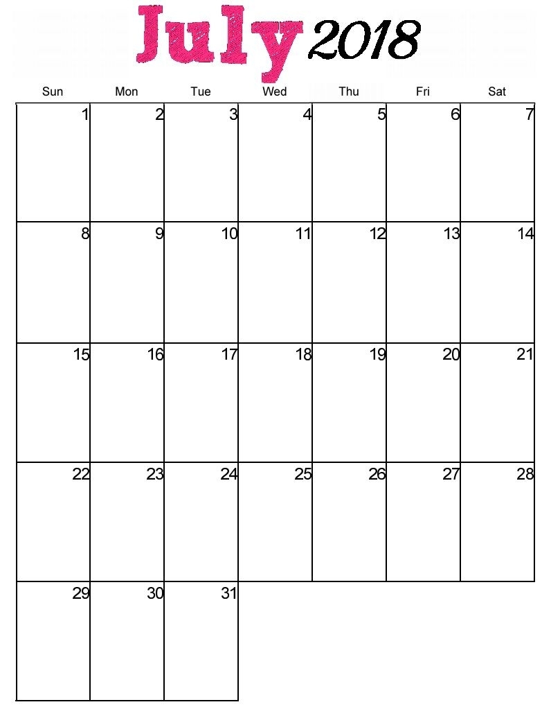 Free Printable July 2018 Vertical Calendar (With Images