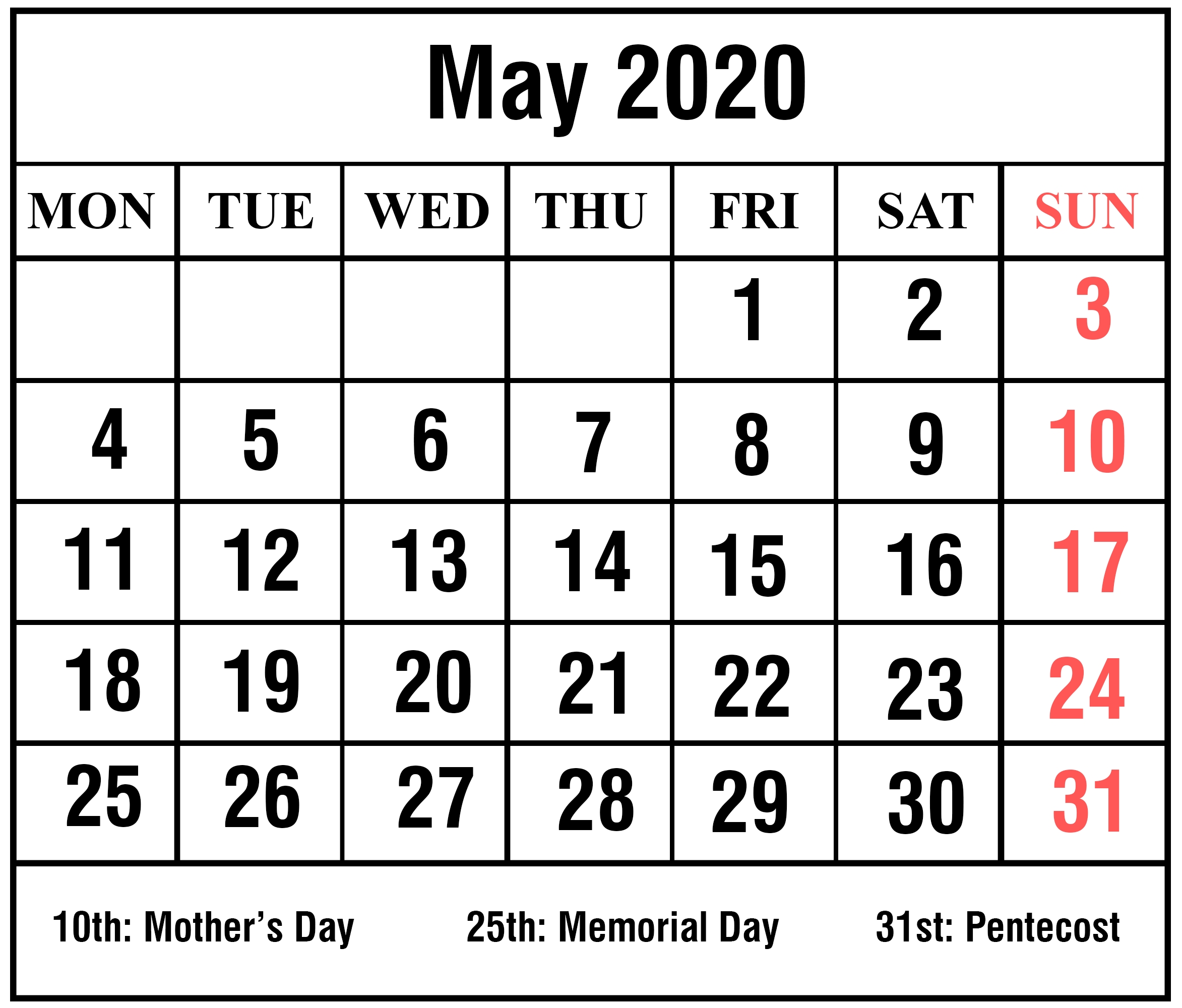 Free Printable May 2020 Calendar Template With Notes (With