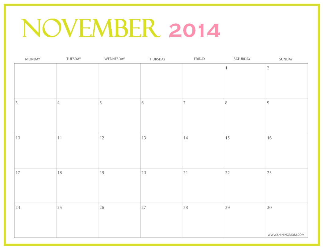 Free Printable November 2014 Calendarsshining Mom