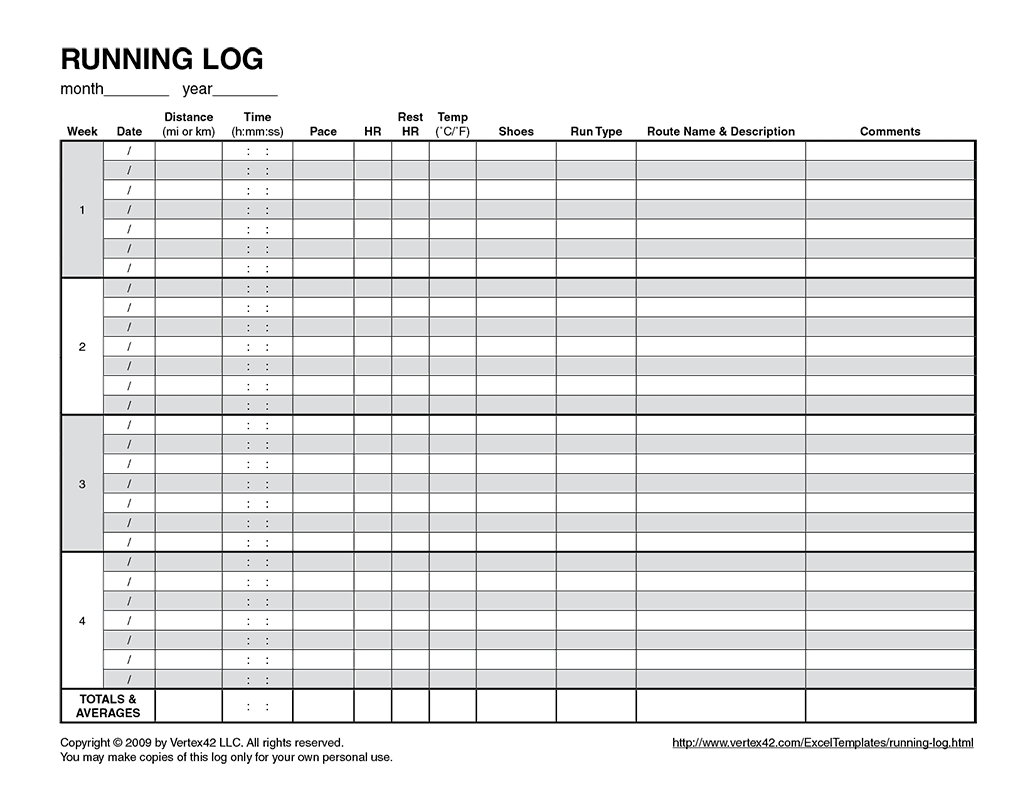 Free Printable Running Log (Pdf) From Vertex42 (With