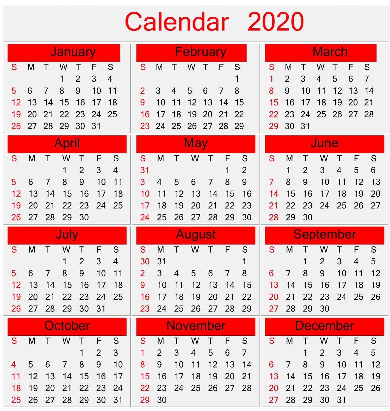 Free Printable Yearly 2020 Calendar Template Free Download