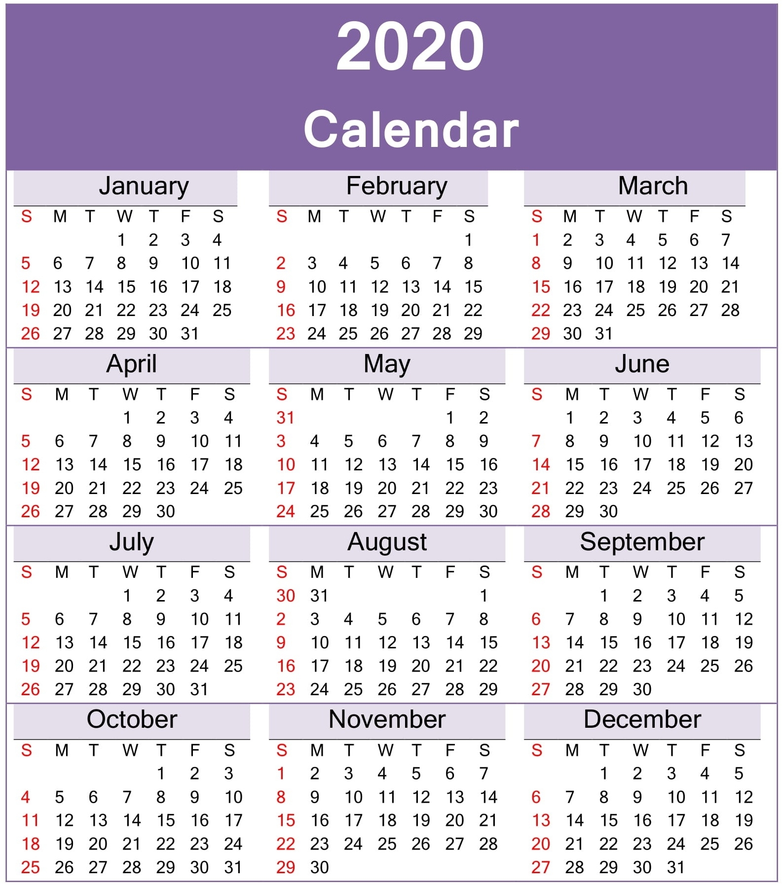 Free Printable Yearly 2020 Calendar Template Free Download