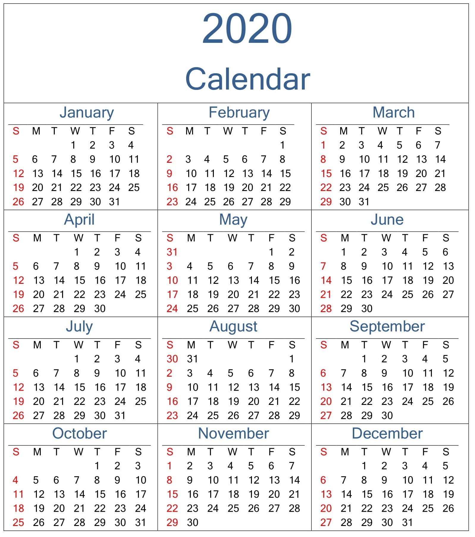 Free Printable Yearly 2020 Calendar Template Free Download