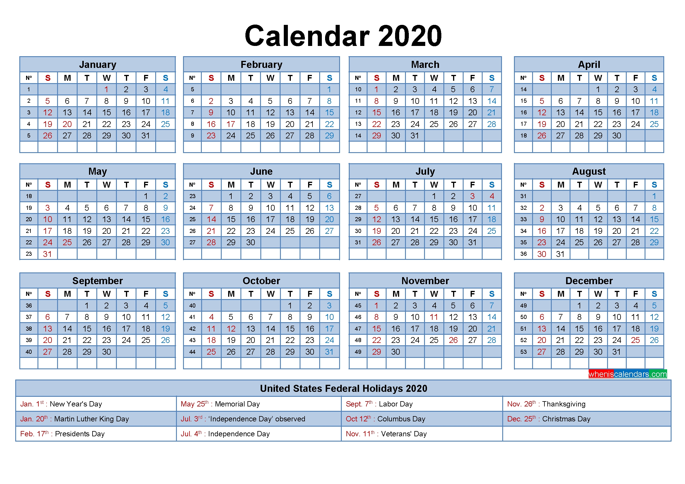 Free Printable Yearly 2020 Calendar With Holidays As Word