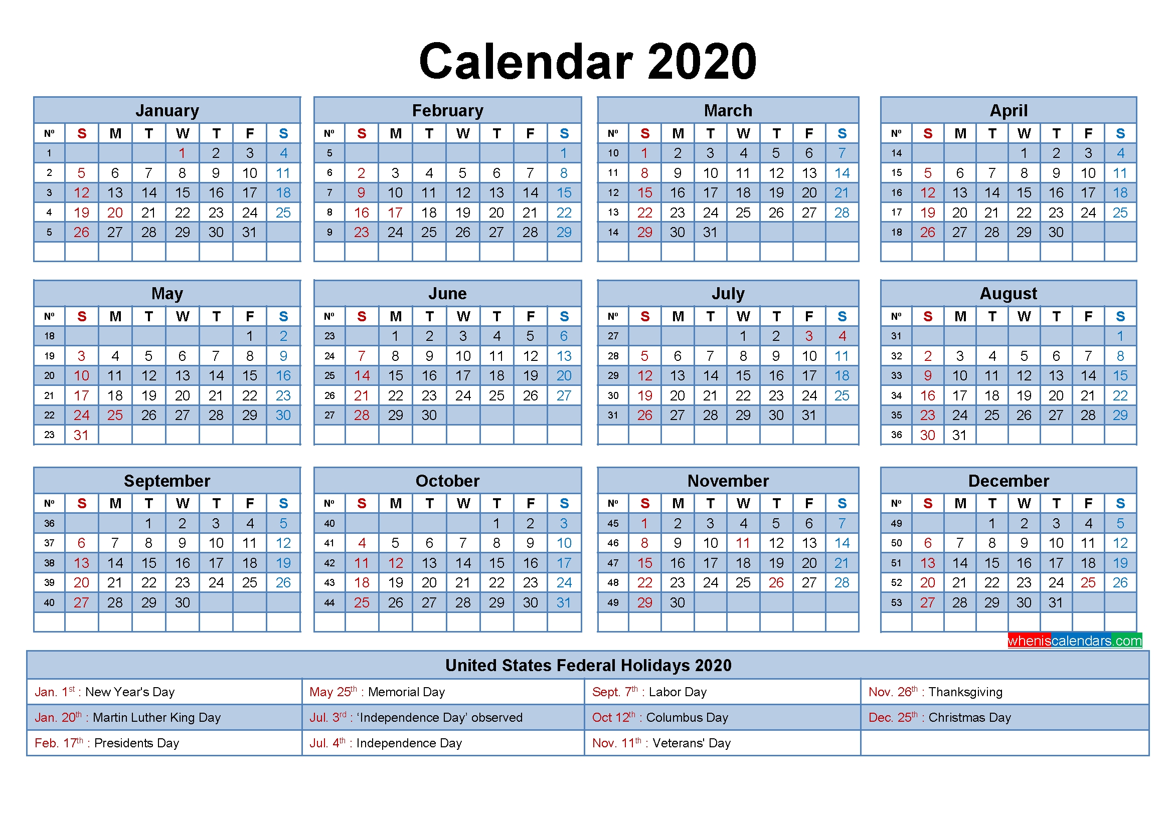 2020 Monthly Calendar With Holidays Template