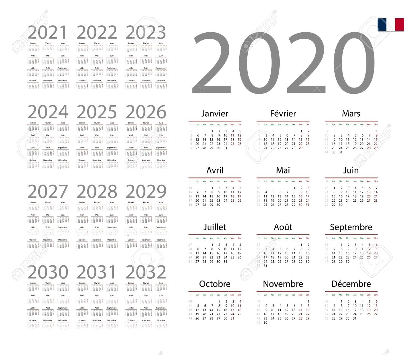 French Calendar For 2020. Week Starts On Monday