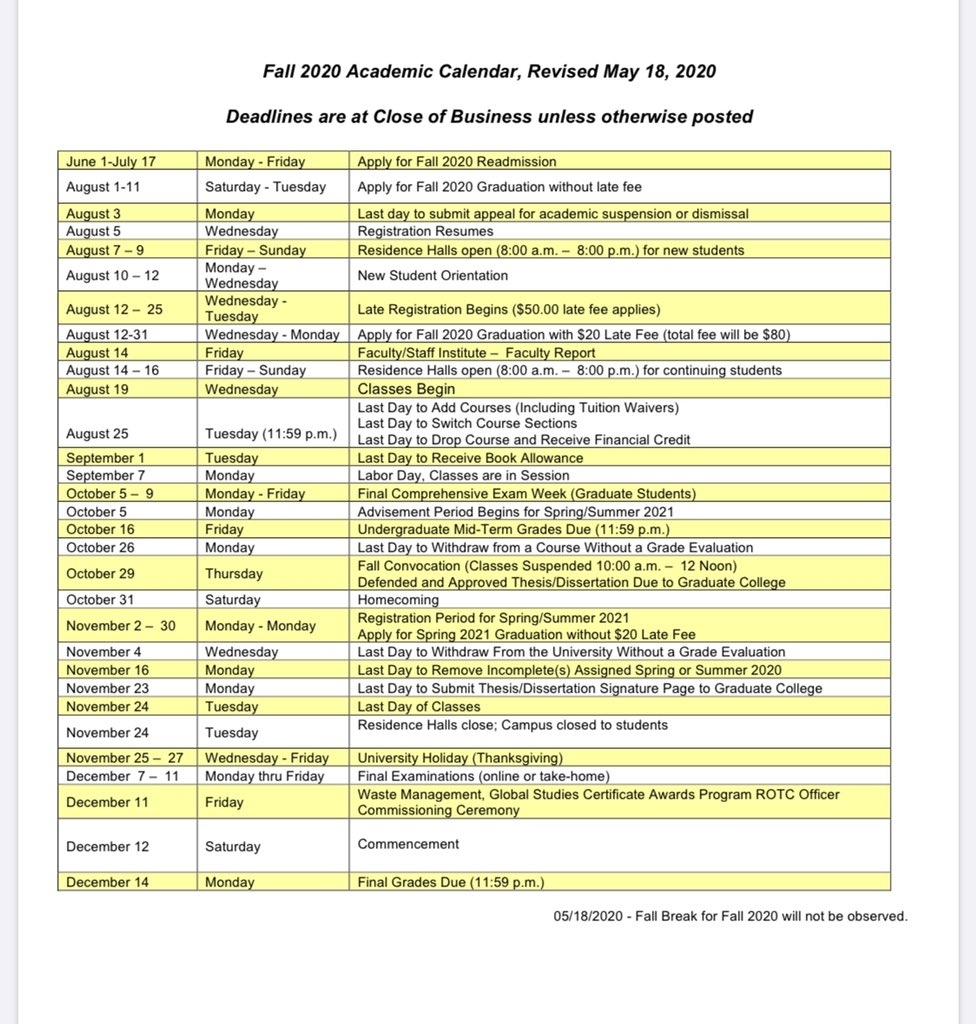 A&t Academic Calendar 2020 Month Calendar Printable