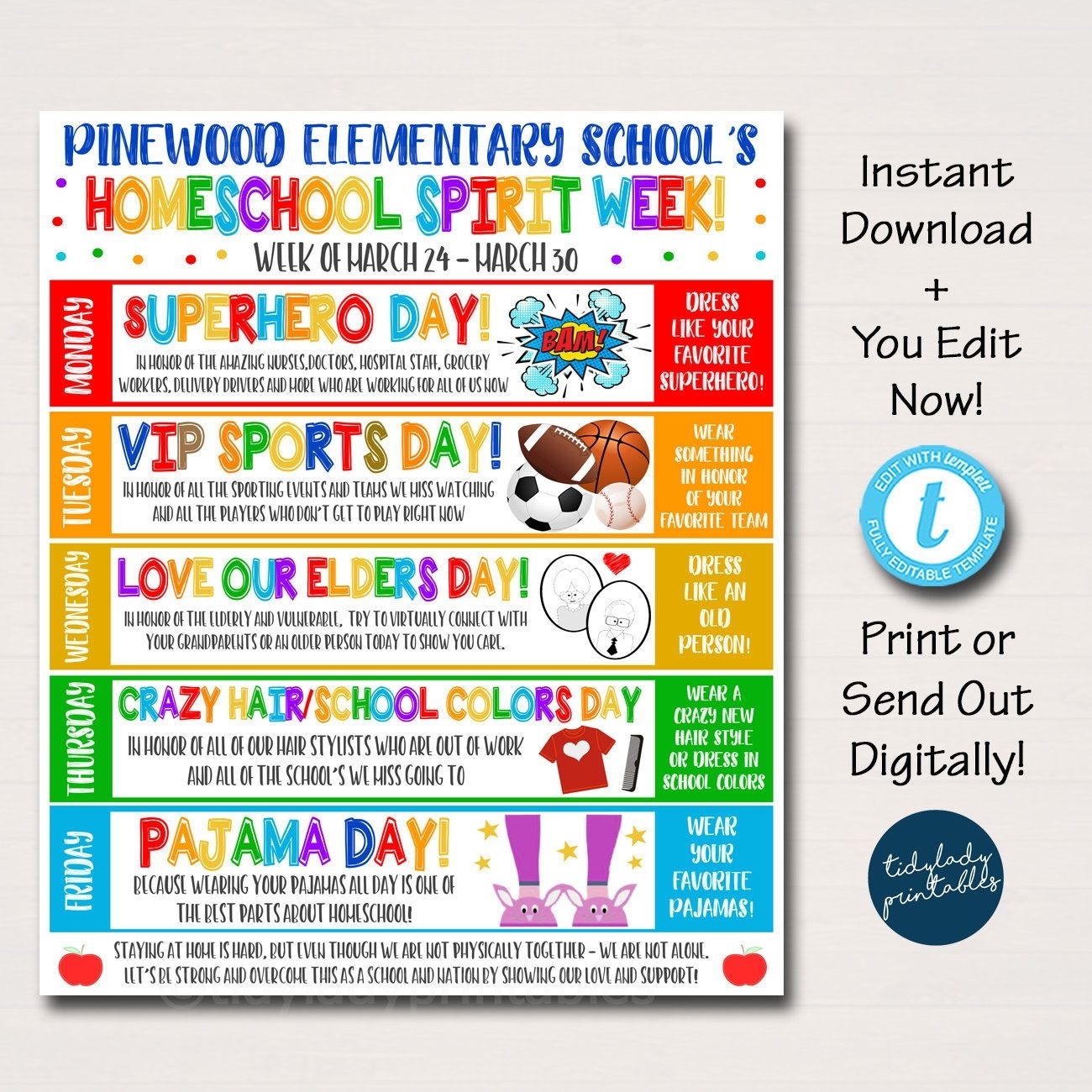 Homeschool Spirit Week Itinerary Schedule, Daily Weekly