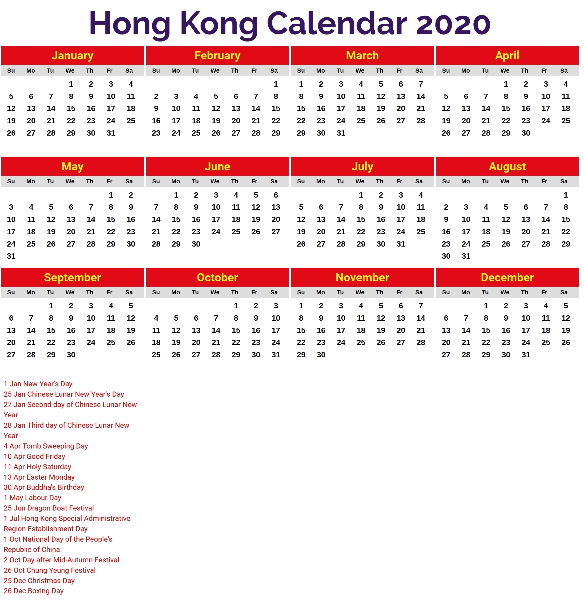 Hong Kong Calendar 2020 | Free Printable Calendar-Hong Kong