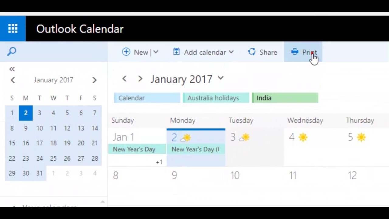 How To Print Calendar With Agenda In Outlook Webmail 365