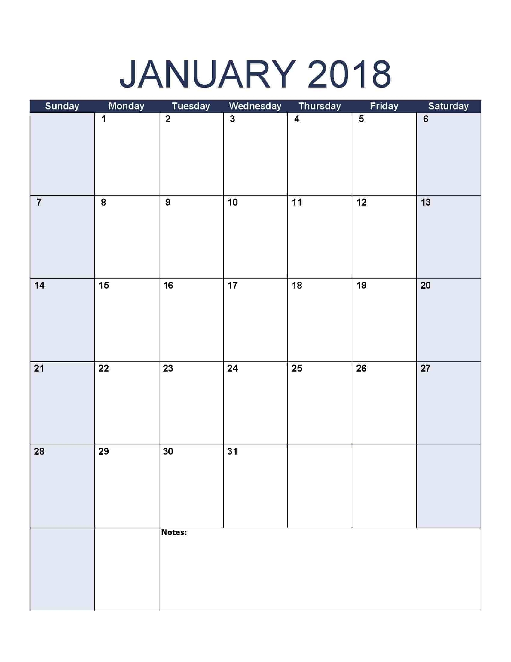 January 2018 Calendar – Free, Printable Calendar Templates
