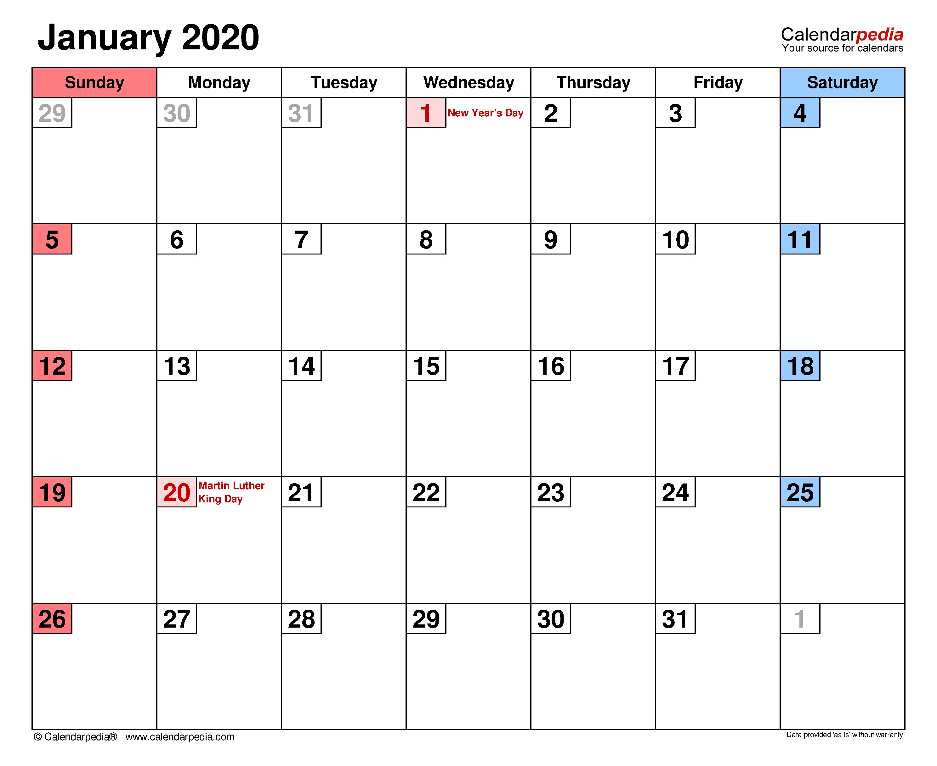 January 2020 - Calendar Templates For Word, Excel And Pdf