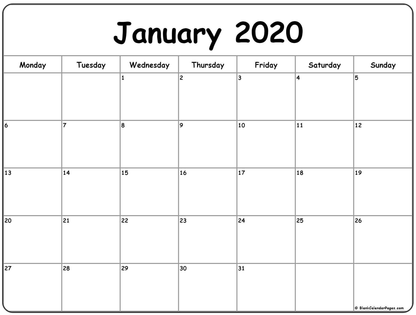 January 2020 Monday Calendar | Monday To Sunday